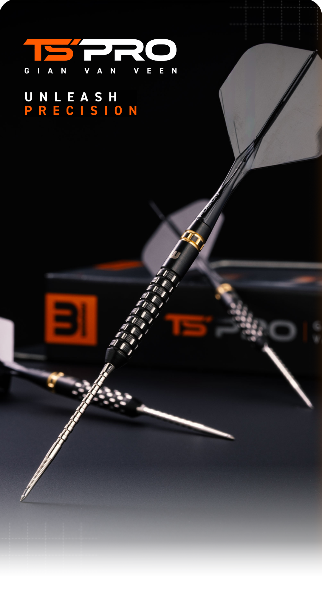 Ein Werbebanner mit verschiedenen Darts ist zu sehen. Die Pfeile liegen nebeneinander.
