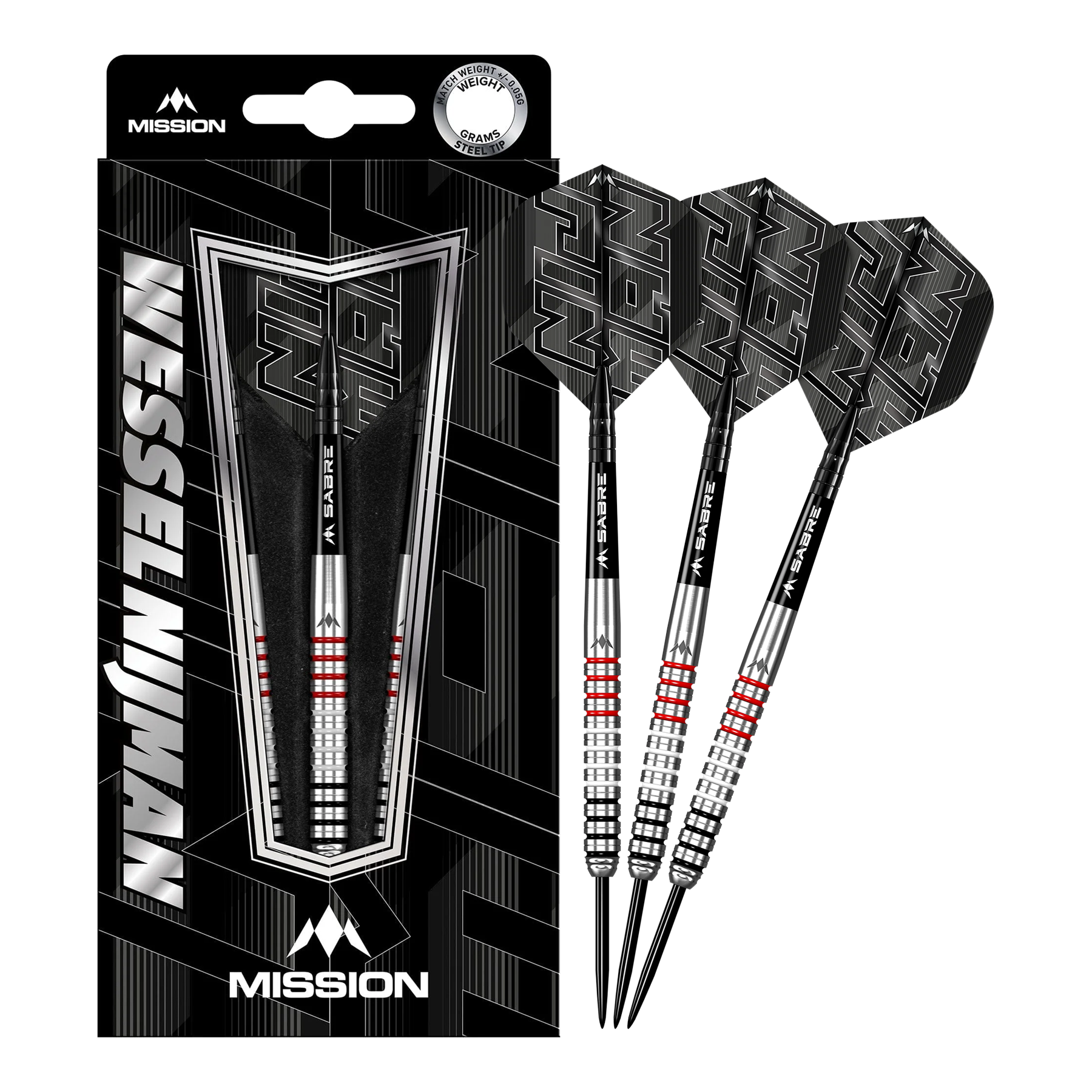 Mission Wessel Nijman stalen dartpijlen - 23g Das Bild zeigt das Produkt "Mission Wessel Nijman Steeldarts - 23g" in seiner Verpackung. Rechts neben der Verpackung sind drei Steeldarts mit schwarzem Flight und silbernen Schäften abgebildet.