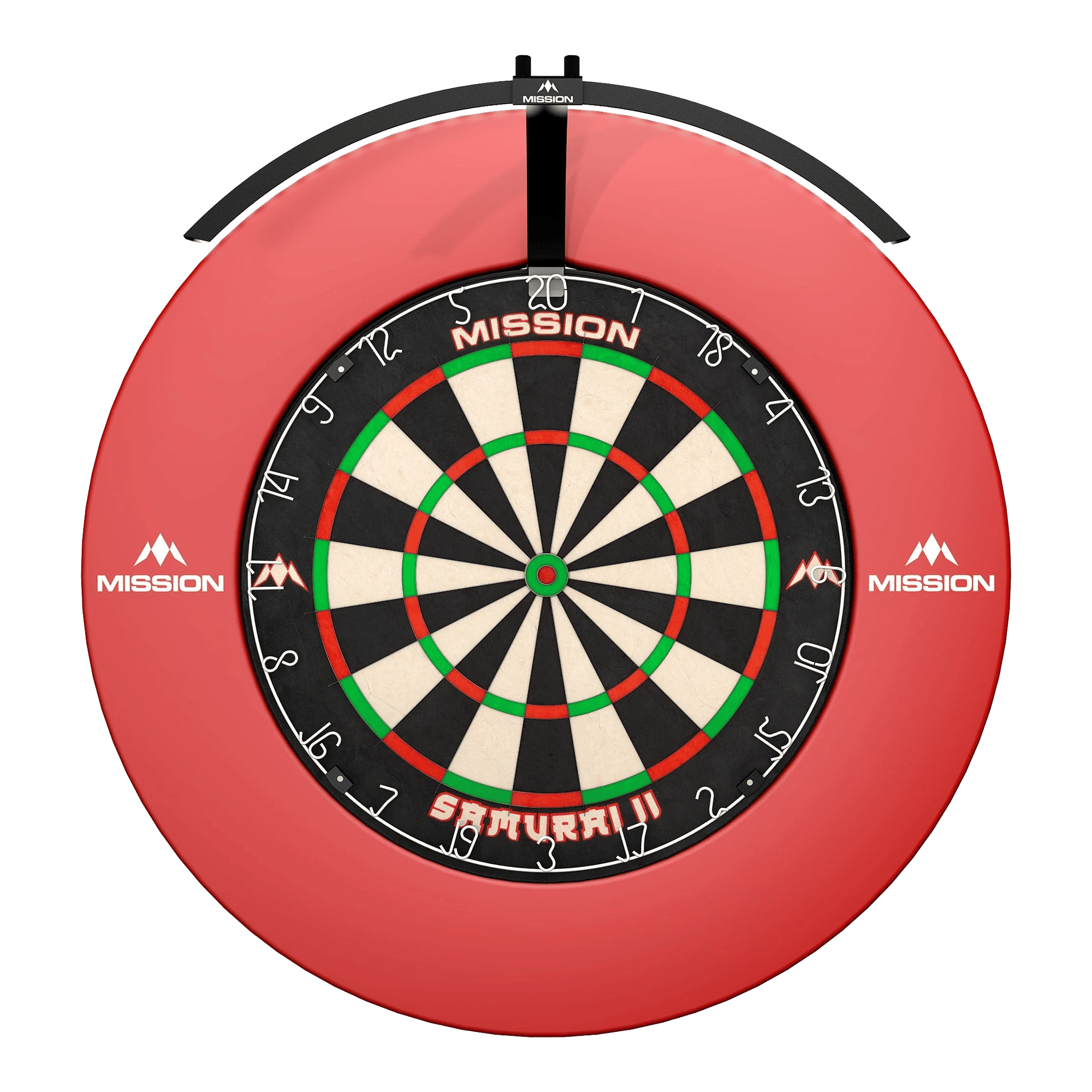 Mission Torus 100 Opvouwbare LED Dartbordverlichting Das Bild zeigt ein rundes, beleuchtetes LED-Dartboard mit der Aufschrift "Mission Torus 100" und "Samurai II" in der Mitte. Das Dartboard ist von einem roten Schutzring mit dem Mission-Logo umgeben.