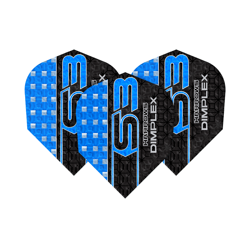 Harrows Dimplex S3 Flights - Blauw Das Bild zeigt drei blaue Harrows Dimplex S3 Flights für Darts. Die Flights haben ein auffälliges Design mit blauen und schwarzen Mustern sowie der Aufschrift "S3" und "Dimplex".