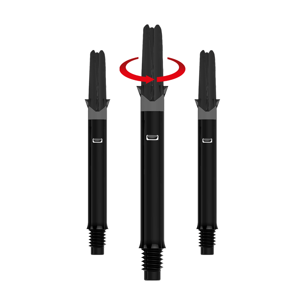 L-L-Style-Shafts Silent Straight - Zwart Das Bild zeigt drei schwarze Dartschäfte ohne Kappen. Über dem mittleren Schaft ist ein roter Pfeil, der eine Drehbewegung anzeigt.