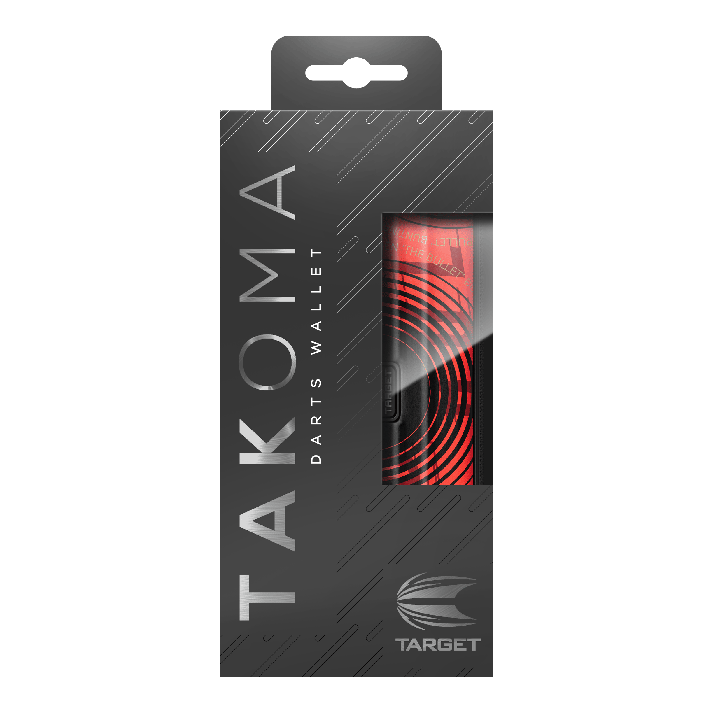 Target Takoma Stephen Bunting dartkoffer Die Abbildung zeigt die Verpackung des Produktes „Target Takoma Stephen Bunting Dartcase“. Das Etui ist rot-schwarz gestaltet und befindet sich in einer eleganten, schwarzen Box mit Sichtfenster.