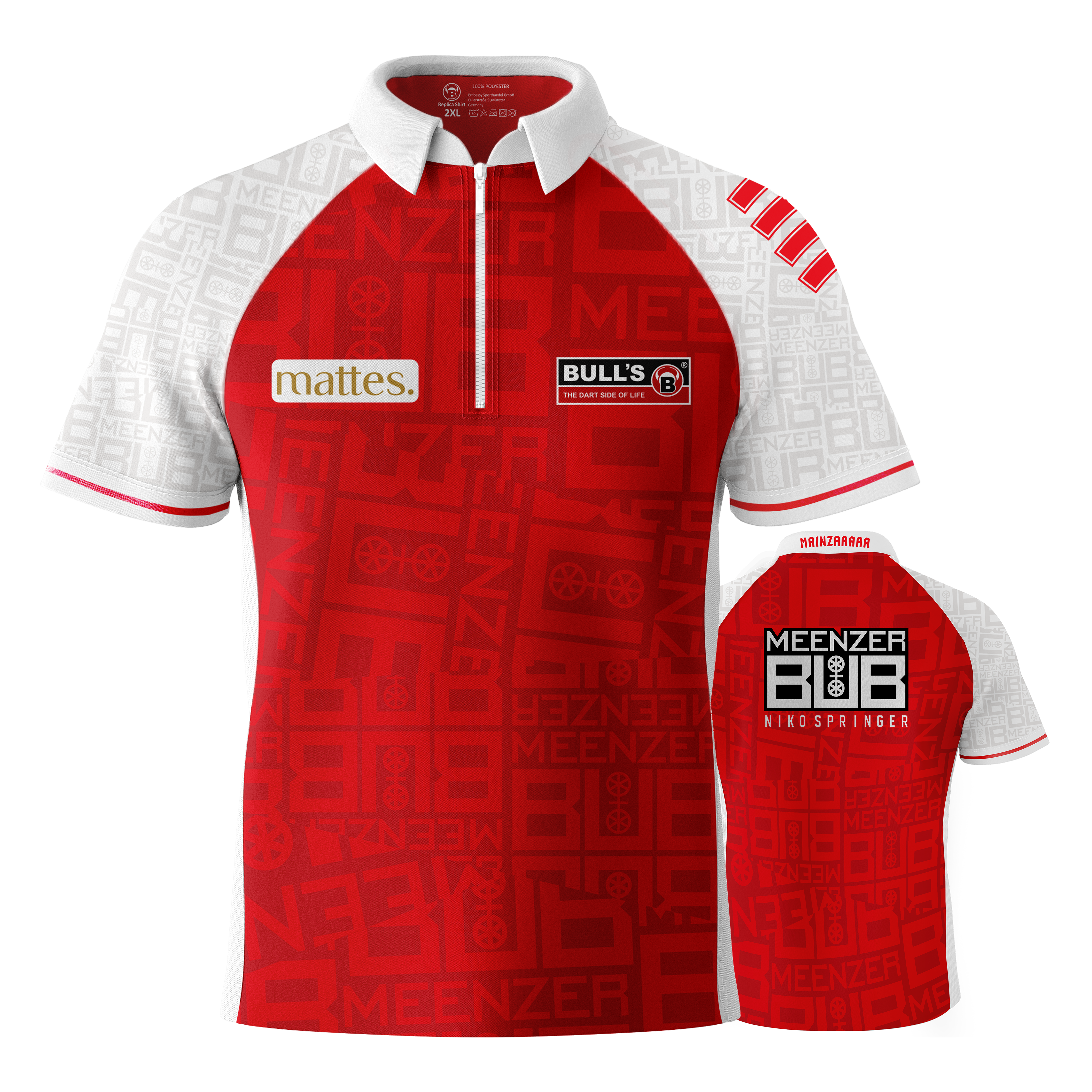 Bulls Niko Springer Meenzer Bub dartshirt Das Bild zeigt das Dartshirt "Bulls Niko Springer Meenzer Bub" in Rot und Weiß. Auf der Vorder- und Rückseite sind verschiedene Logos und Schriftzüge abgebildet.