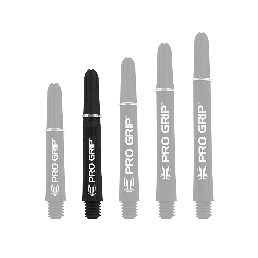 110164_Target_Pro_Grip_Shafts_Schwarz_375mm_1 Das Bild zeigt fünf schwarze Target Pro Grip Shafts in unterschiedlichen Längen. Auf jedem Shaft steht in weißer Schrift "PRO GRIP".