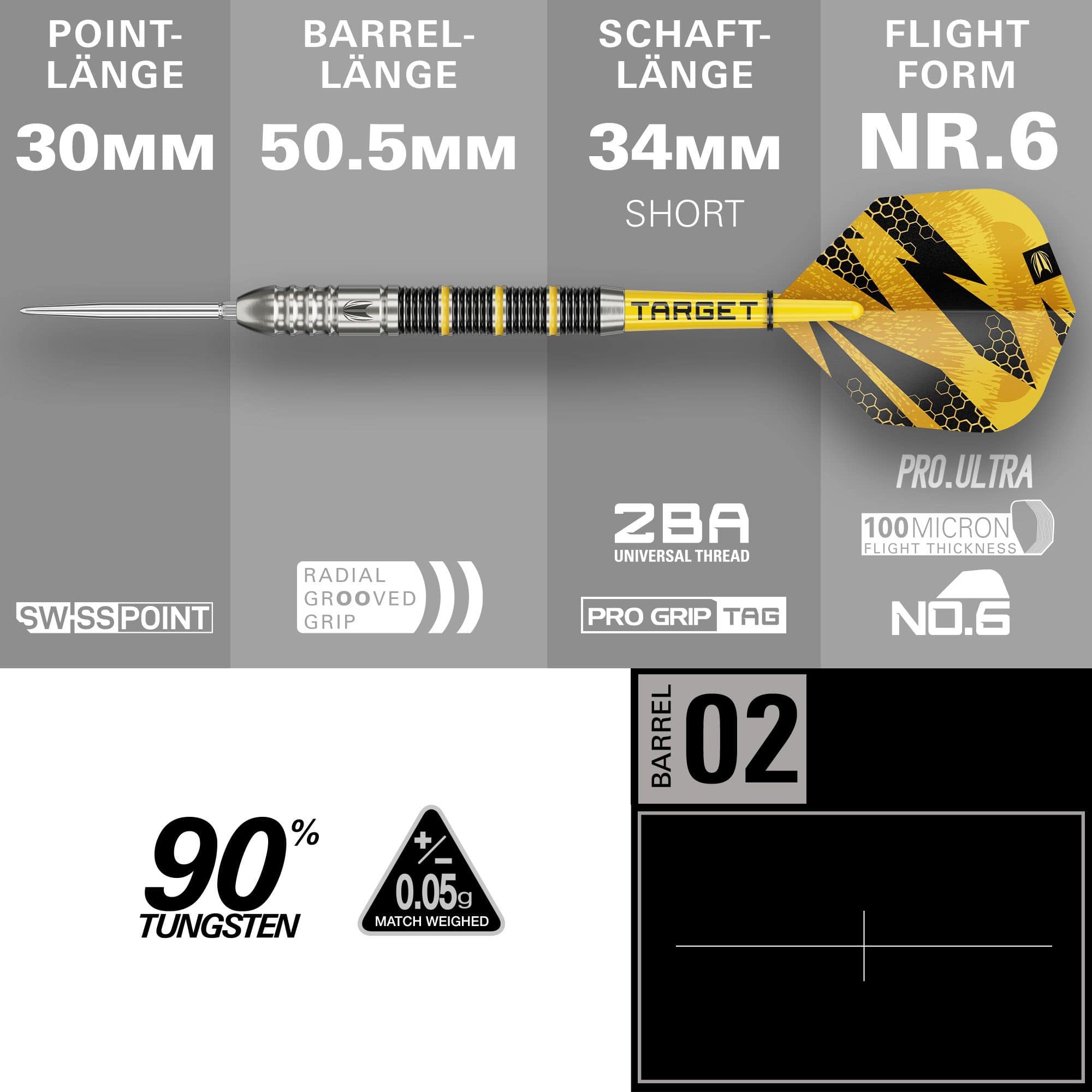 Target Buzz 02 Swiss Points stalen dartpijlen Hier sieht man die Target Buzz 02 Swiss Points Steeldarts. Die Darts sind deutlich und im Detail abgebildet.