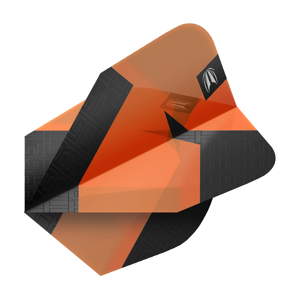 Target Pro Ultra TAG Orange Ten-X standaardvluchten - 3 sets Das Bild zeigt ein orange-schwarzes Dart-Flight mit geometrischem Muster. Es handelt sich um das Produkt "Target Pro Ultra TAG Orange Ten-X Standard Flights - 3 Sets".