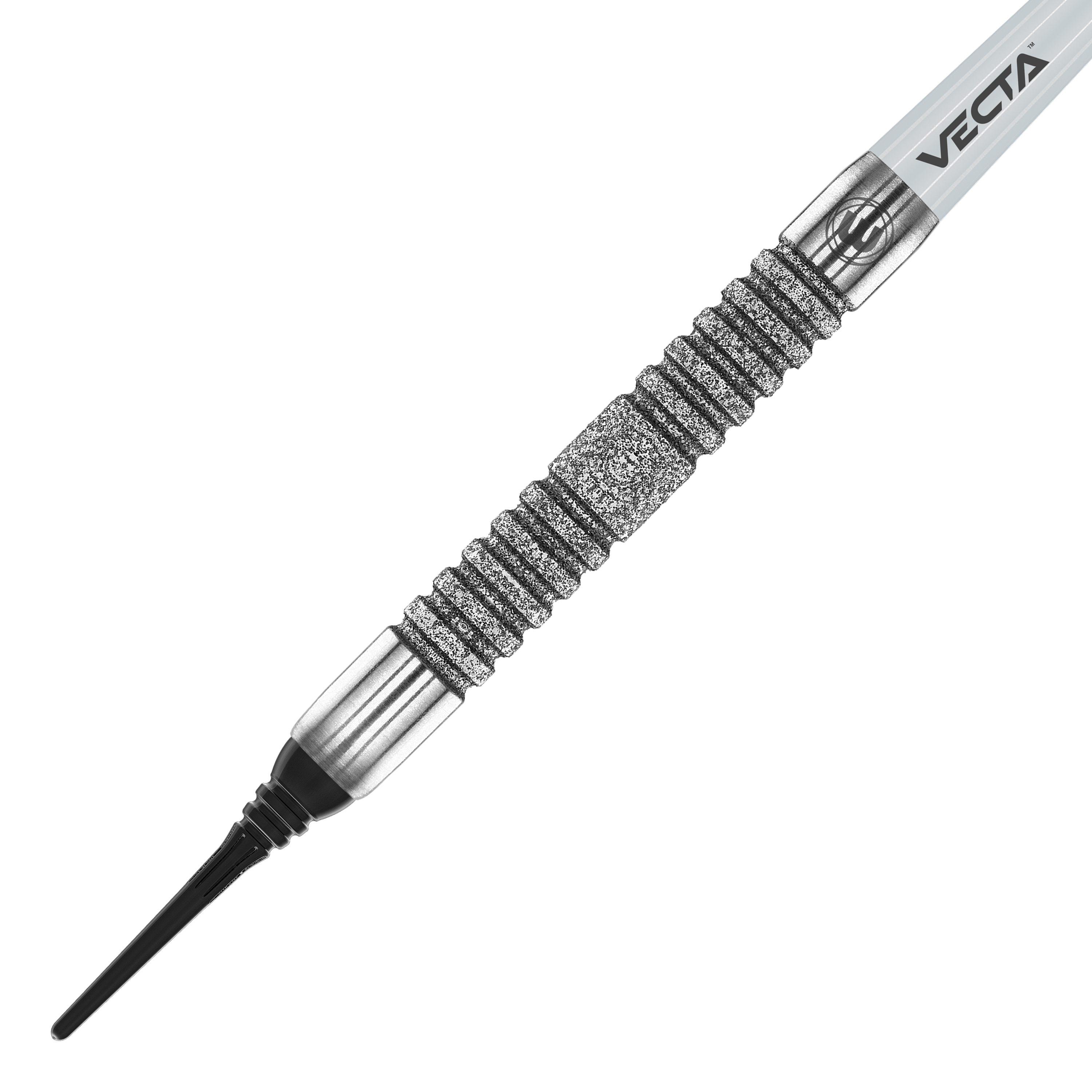 Winmau Jules Van Dongen zachte dartpijlen - 20g Das Bild zeigt den Winmau Jules Van Dongen Softdart mit einem Gewicht von 20g. Der Dart hat ein silbernes, geriffeltes Griffstück und eine schwarze Spitze.