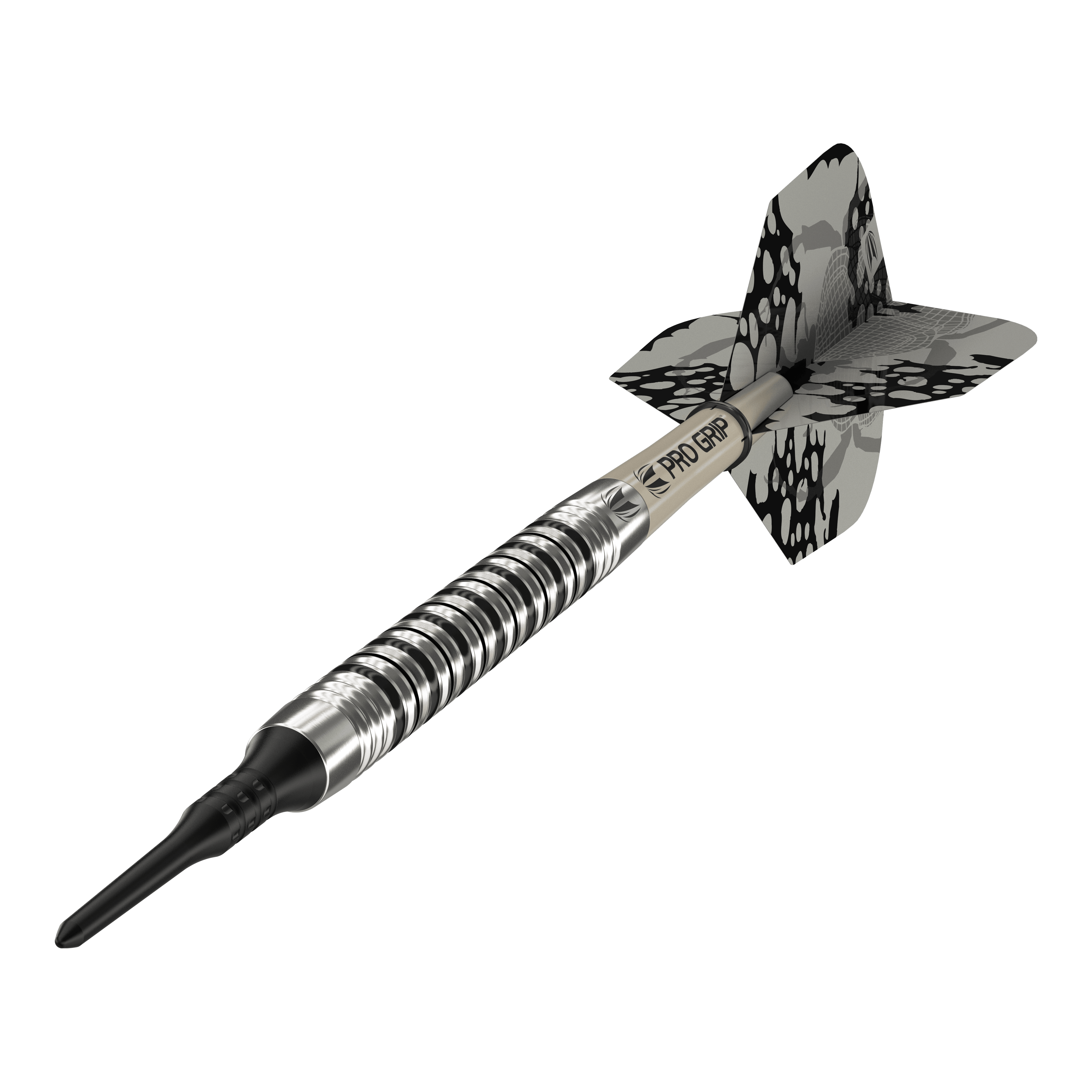 Target EXO 11 Zachte Darts Das Bild zeigt den Softdart "Target EXO 11". Er hat ein silber-schwarzes Design mit einem gemusterten Flight und einem Pro Grip Schaft.