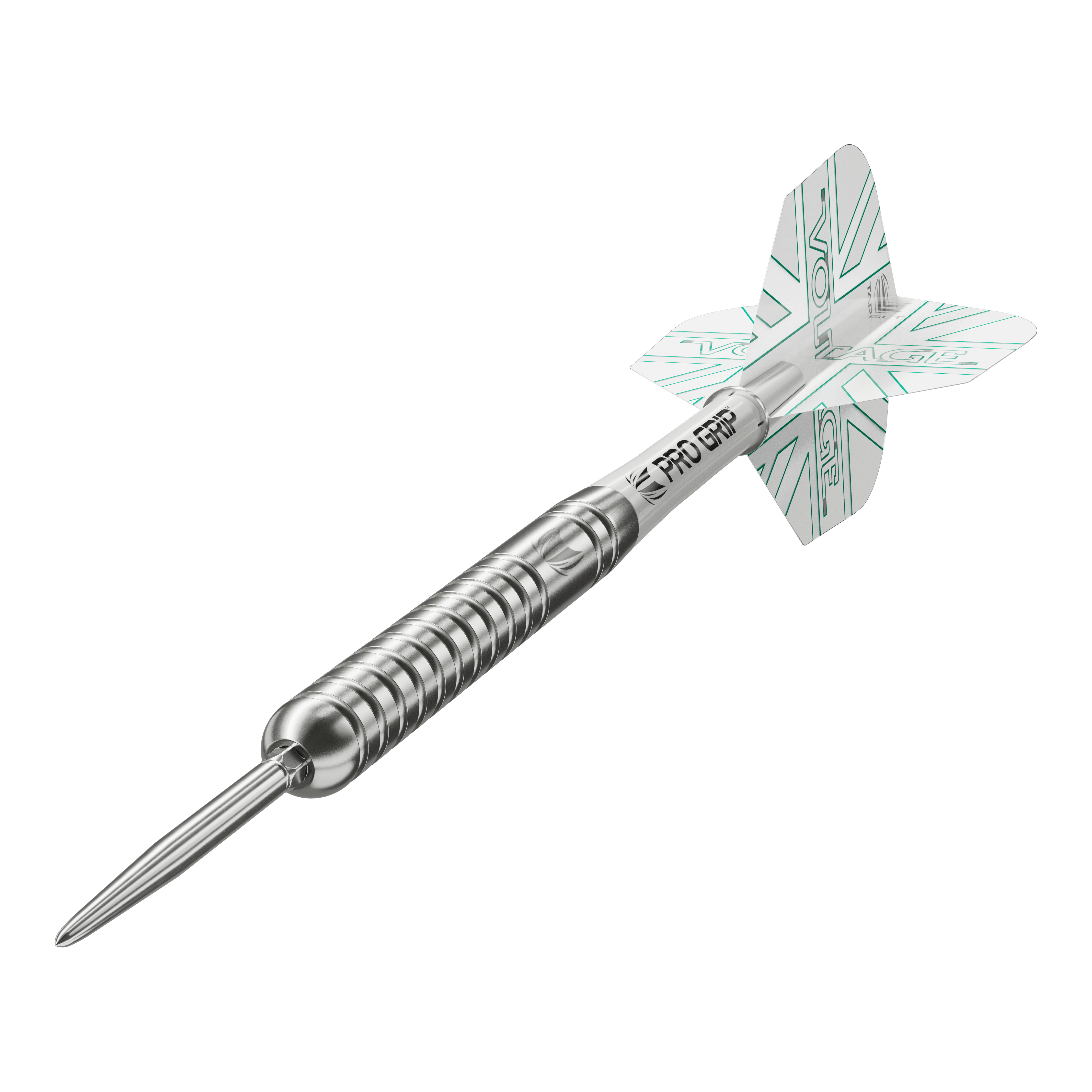 Das Bild zeigt einen Target Rob Cross Voltage Swiss Point Steeldart. Der Dartpfeil ist silbern und hat weiße Flights mit grünen Akzenten.