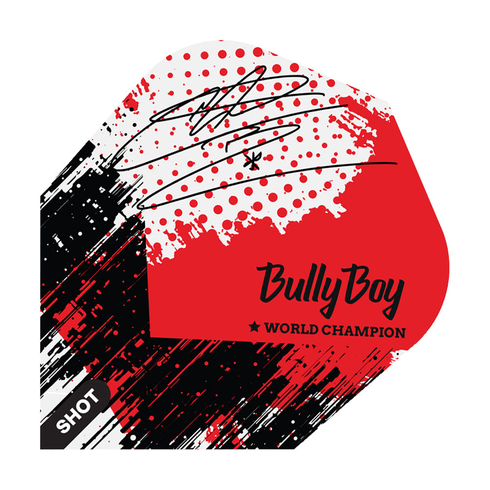 Schot Michael Smith Bully Boy Game Day No6 Vluchten Das Bild zeigt ein Dart-Flight mit einem modernen, rot-schwarzen Design und einem Autogramm. Auf dem Flight steht "Bully Boy" und "World Champion" sowie das Markenlogo "Shot".
