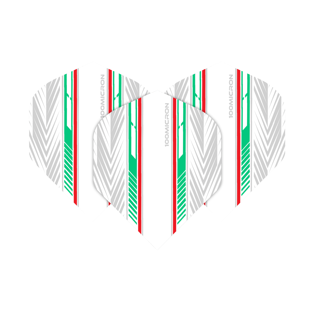 Pentathlon Flights wit/groen/rood Das Bild zeigt die "Pentathlon White Green Red No2 Standard Flights" für Dartpfeile. Die Flights sind weiß mit auffälligen grünen, roten und silbernen Streifen gestaltet.