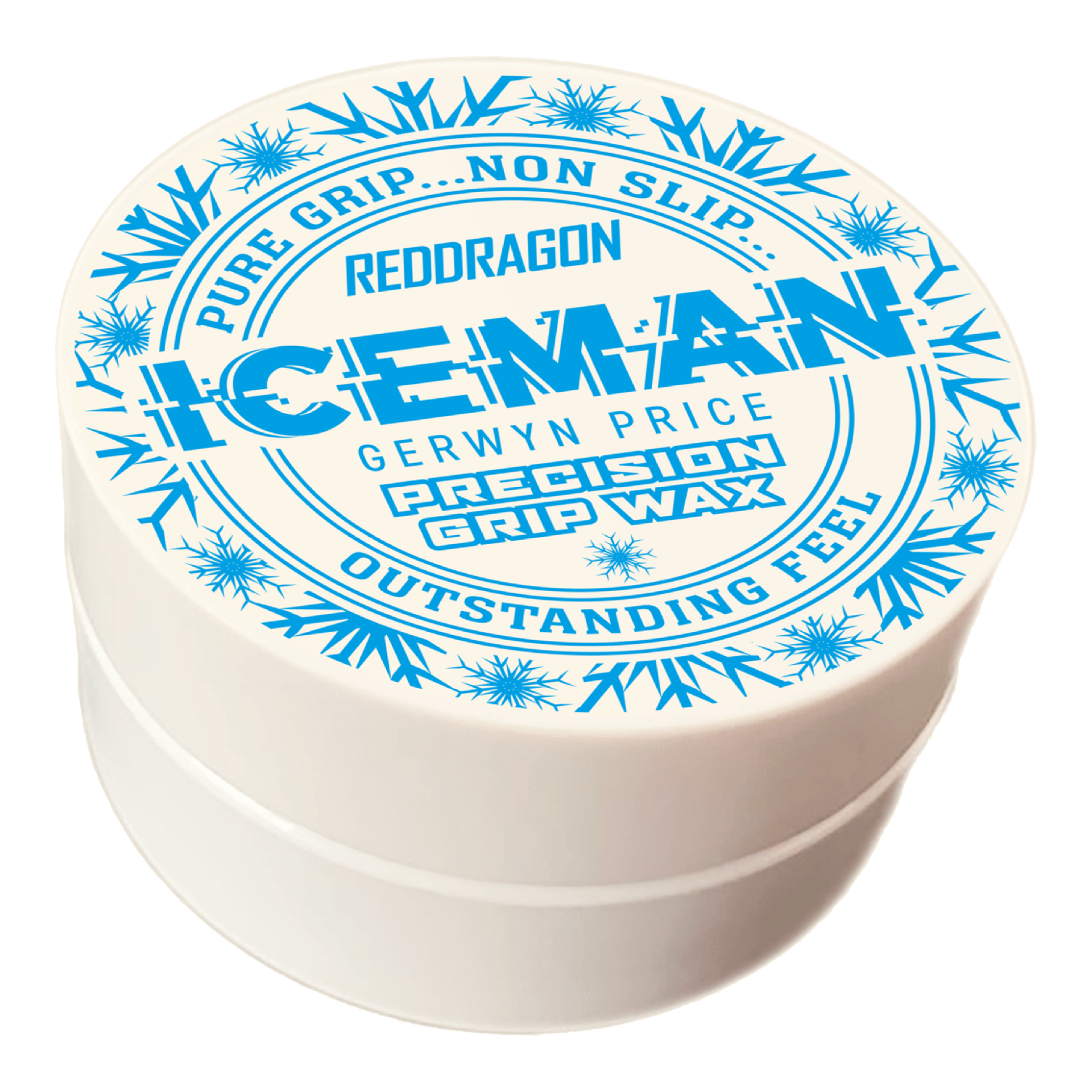 Red Dragon Gerwyn Price Iceman Precision Grip Wax vingerwas Das Bild zeigt eine weiße Dose mit der Aufschrift „Red Dragon Gerwyn Price Iceman Precision Grip Wax“. Auf dem Deckel sind blaue Schneeflocken und Werbeslogans wie „Pure Grip… Non Slip… Outstanding Feel“ abgebildet.