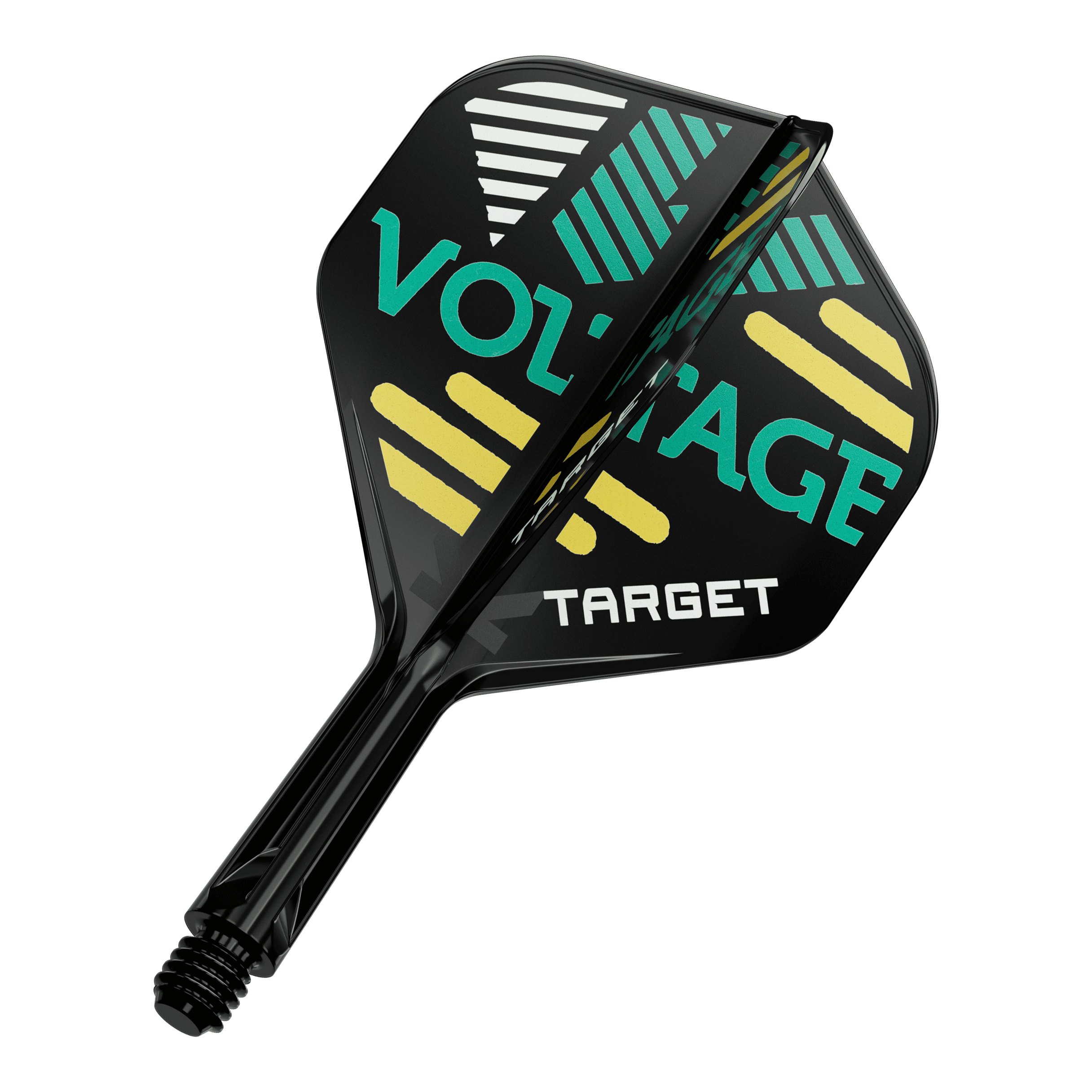 Das Bild zeigt ein Dartflight- und Shafts-Set in Schwarz mit bunten grafischen Elementen und der Aufschrift „VOLTAGE“ sowie „TARGET“. Das Design besteht aus gelben, grünen und weißen Streifen auf den Flügeln des Flights.