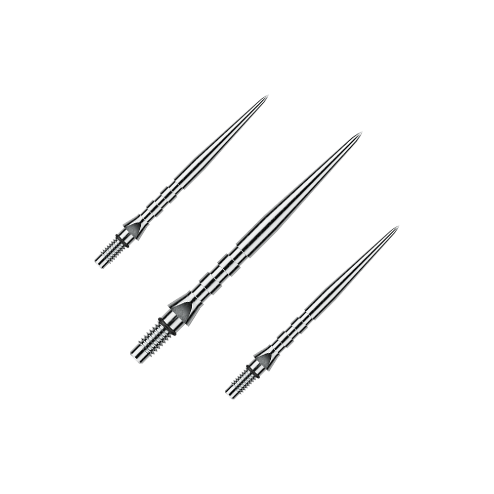 Das Foto stellt ein Set von Winmau Switch Point Groove Steeldartspitzen mit 30mm Länge dar. Mehrere silberne Spitzen liegen nebeneinander.