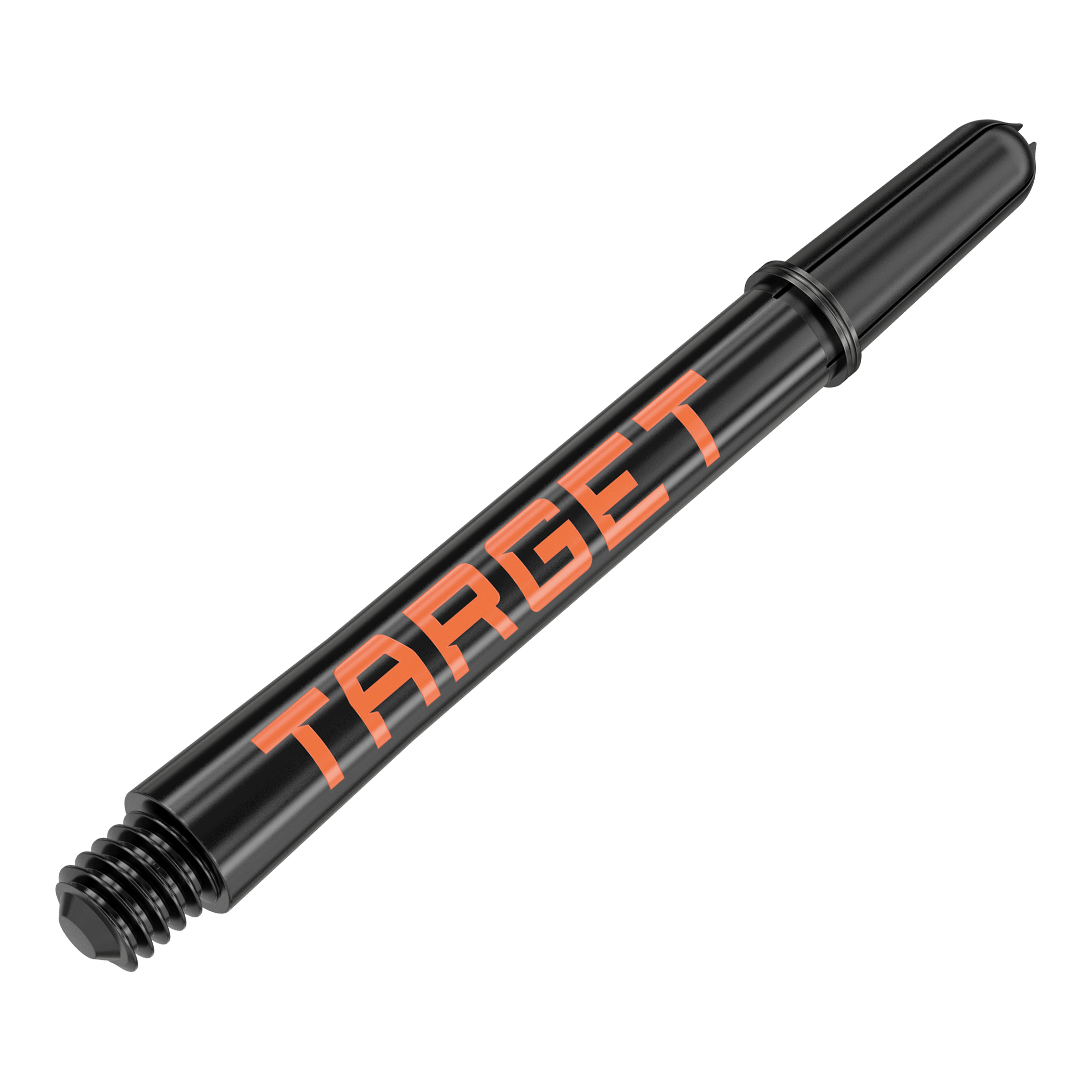 Target Pro Grip TAG Shafts - 3 sets - Zwart Oranje Das Bild zeigt einen schwarzen Dart-Schaft mit orangener Aufschrift "TARGET". Der Schaft hat eine Länge von 48 mm und ist für den Dartsport geeignet.