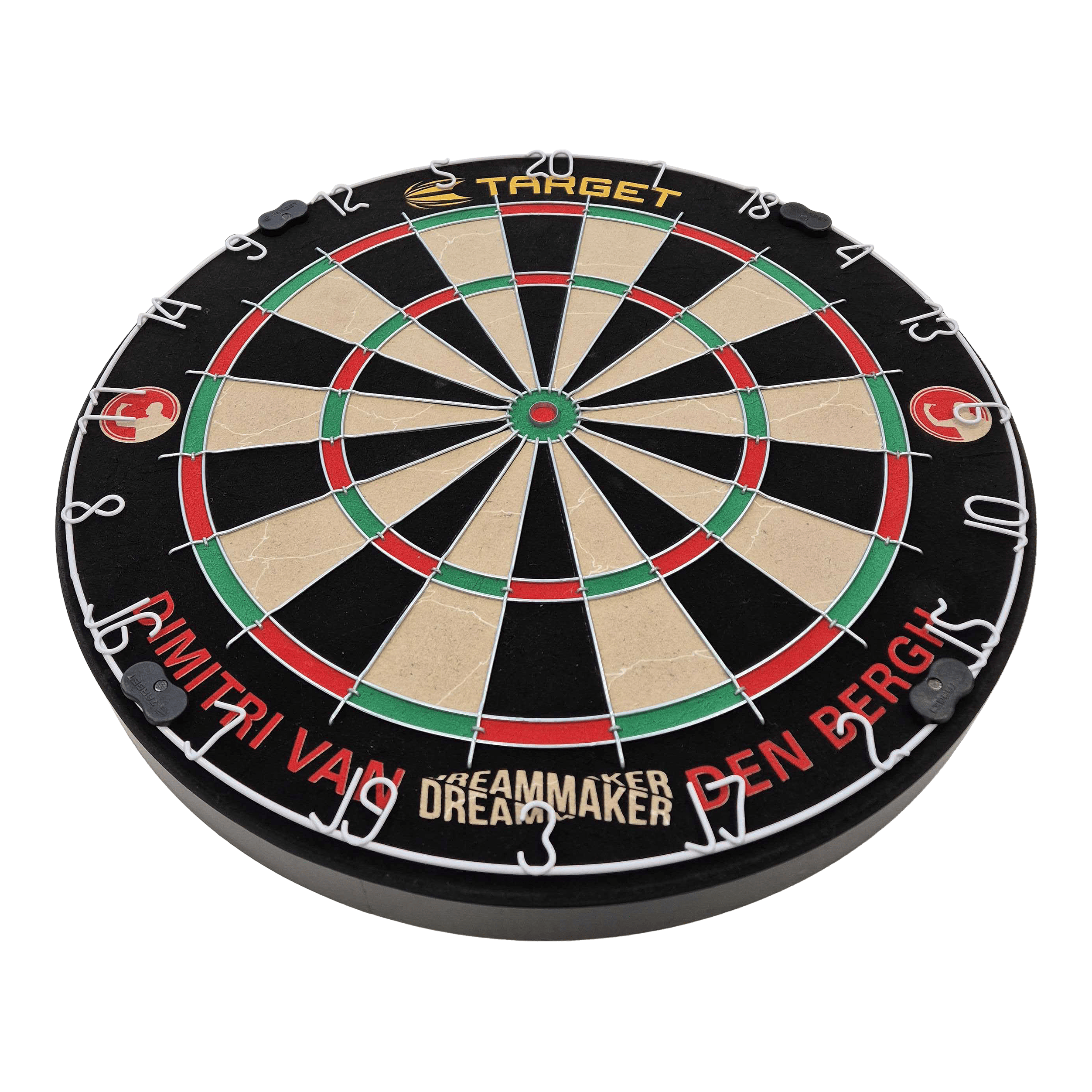 Target Dimitri Van Den Bergh stalen dartbordset Das Bild zeigt eine Steeldart-Scheibe mit farbigen Feldern und Metallabtrennungen. Am Rand steht der Name "Dimitri Van Den Bergh" sowie der Schriftzug "Dreammaker".