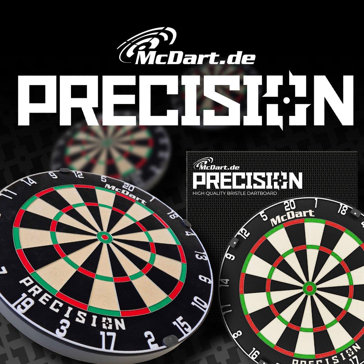 McDart Precision stalen dartbord Das Bild zeigt das Produkt „McDart Precision Steeldartboard“ mit mehreren abgebildeten Dartboards. Im Hintergrund ist der Markenname und das Wort „PRECISION“ groß angezeigt.