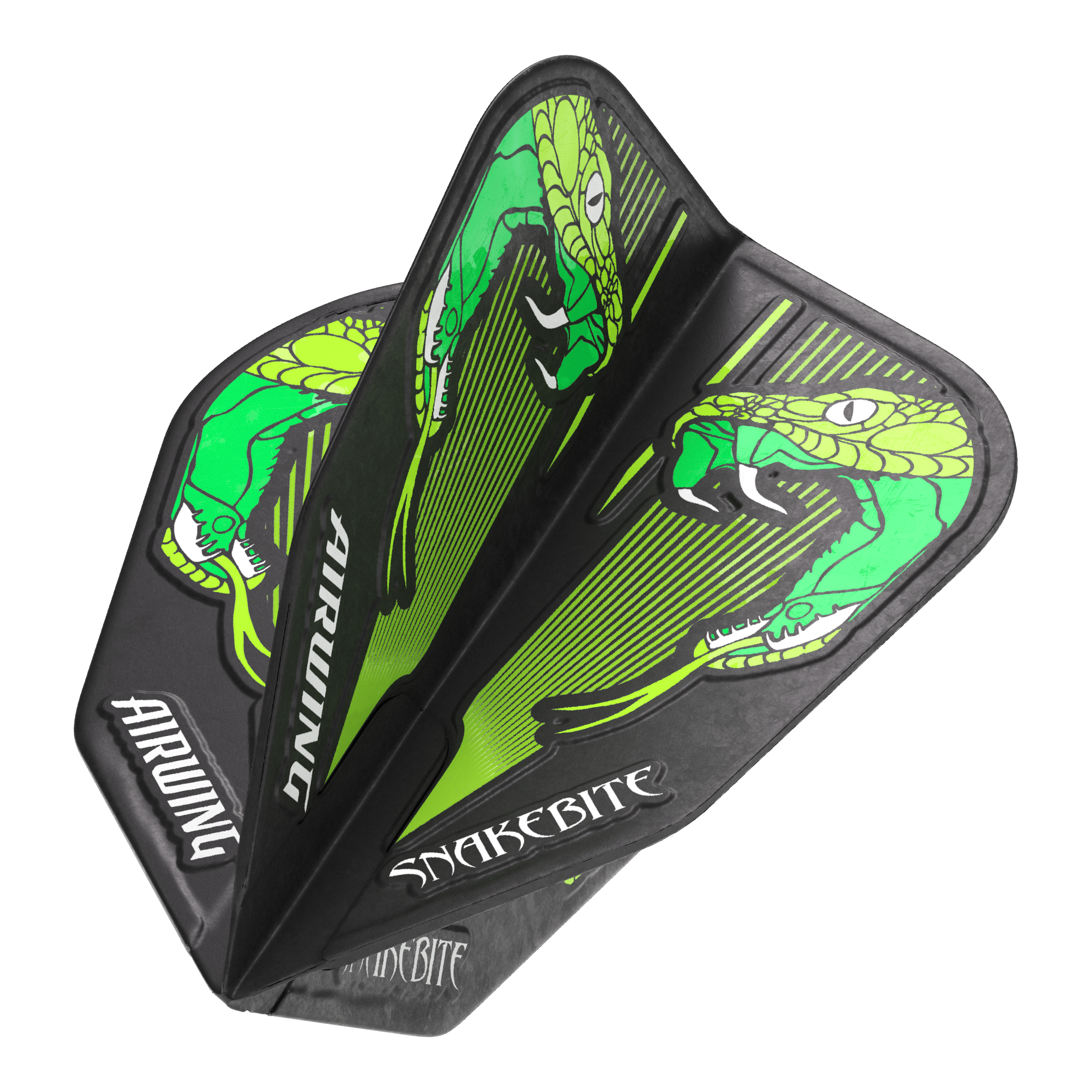 Red Dragon Airwing Peter Wright Green V-Standard Vluchten Das Bild zeigt die "Red Dragon Airwing Peter Wright Green V-Standard Flights" mit einem grünen Schlangenmuster. Auf den Flights stehen die Wörter "Airwing" und "Snakebite".