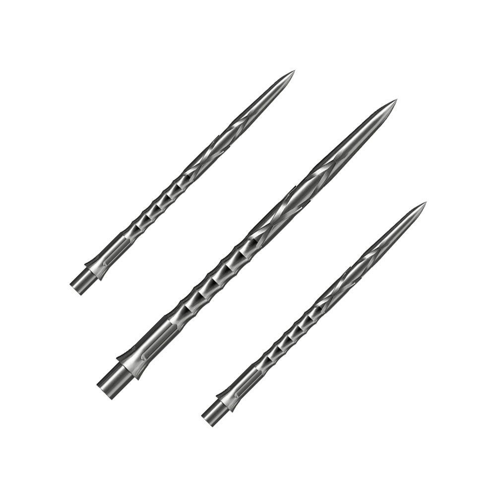 Caliburn System stalen dartpunten - HAN G2 - Zilver Das Bild präsentiert ein Set Caliburn Evo System Steeldartspitzen, HAN G2, Silber, 40mm. Das Set enthält mehrere Spitzen für Steeldarts.