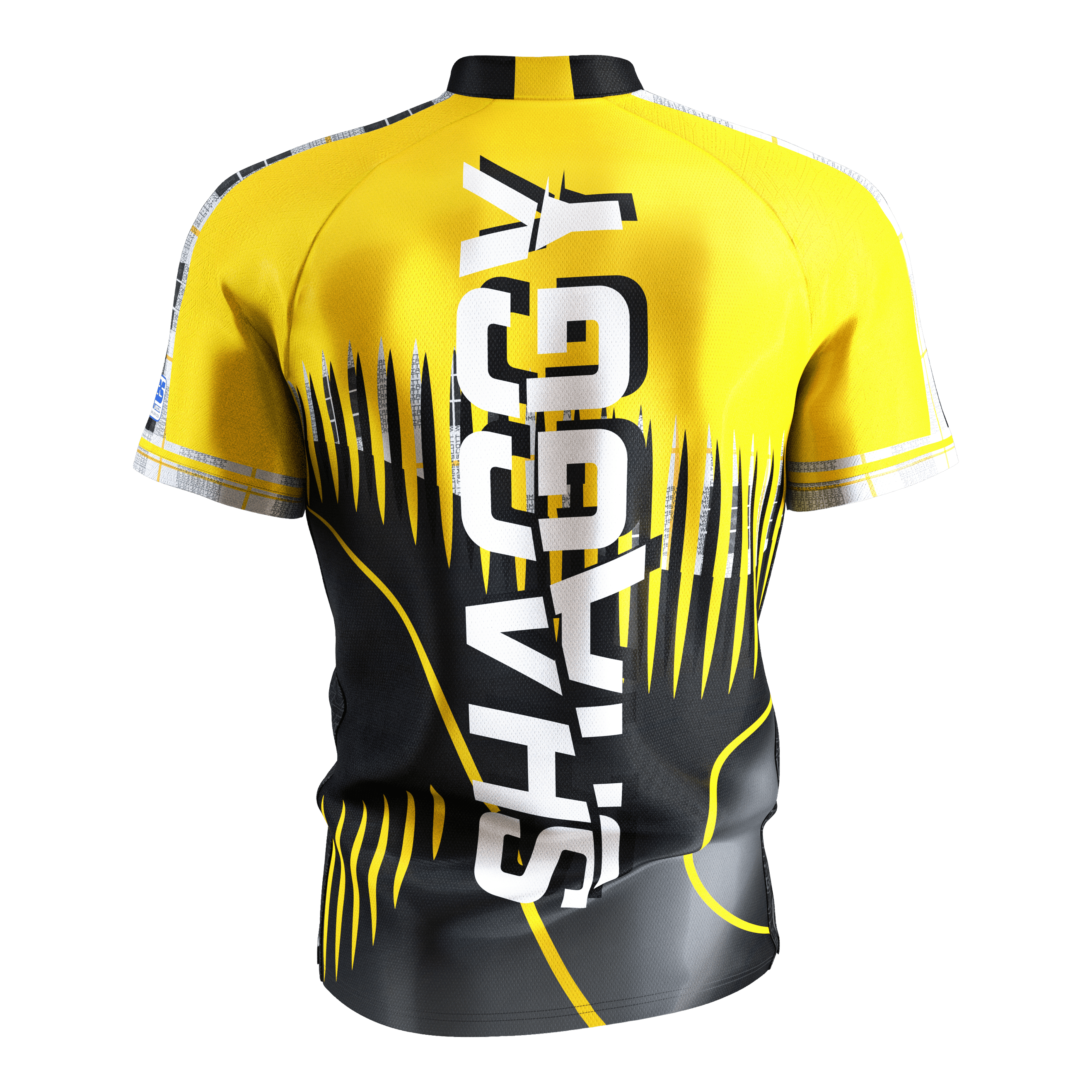 Target Coolplay Scott Williams 2025 dartshirt Das Bild zeigt ein gelb-schwarzes Dartshirt mit dem großen weißen Schriftzug "SHAGGY" auf der Rückseite. Das Shirt hat ein auffälliges, modernes Design mit dynamischen Linien und Mustern.