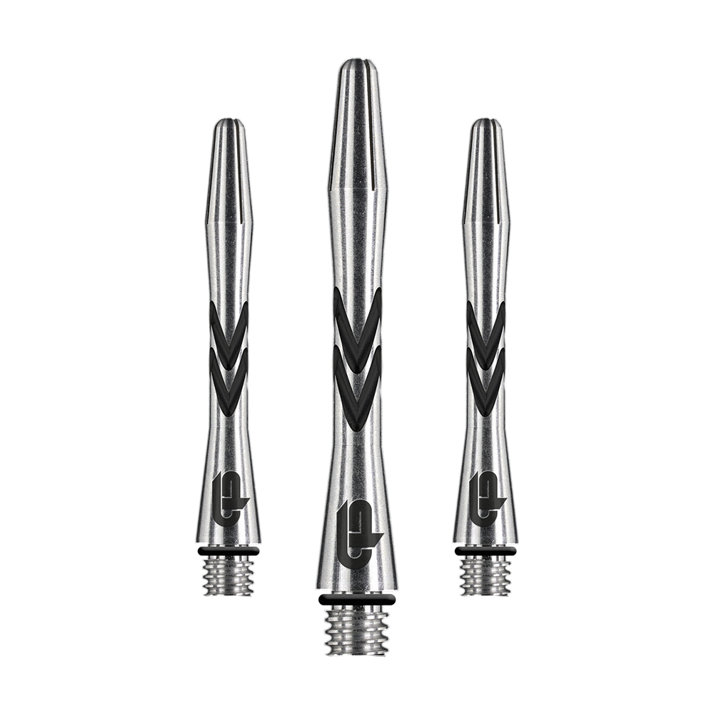 C648_Red_Dragon_Gerwyn_Price_V-Groove_Aluminium_Shafts_Black_36mm_1 Das Bild zeigt drei silberne Dartschäfte mit schwarzen V-förmigen Rillen. Es handelt sich um die "Red Dragon Gerwyn Price V-Groove Black Aluminium Shafts - 36 mm".