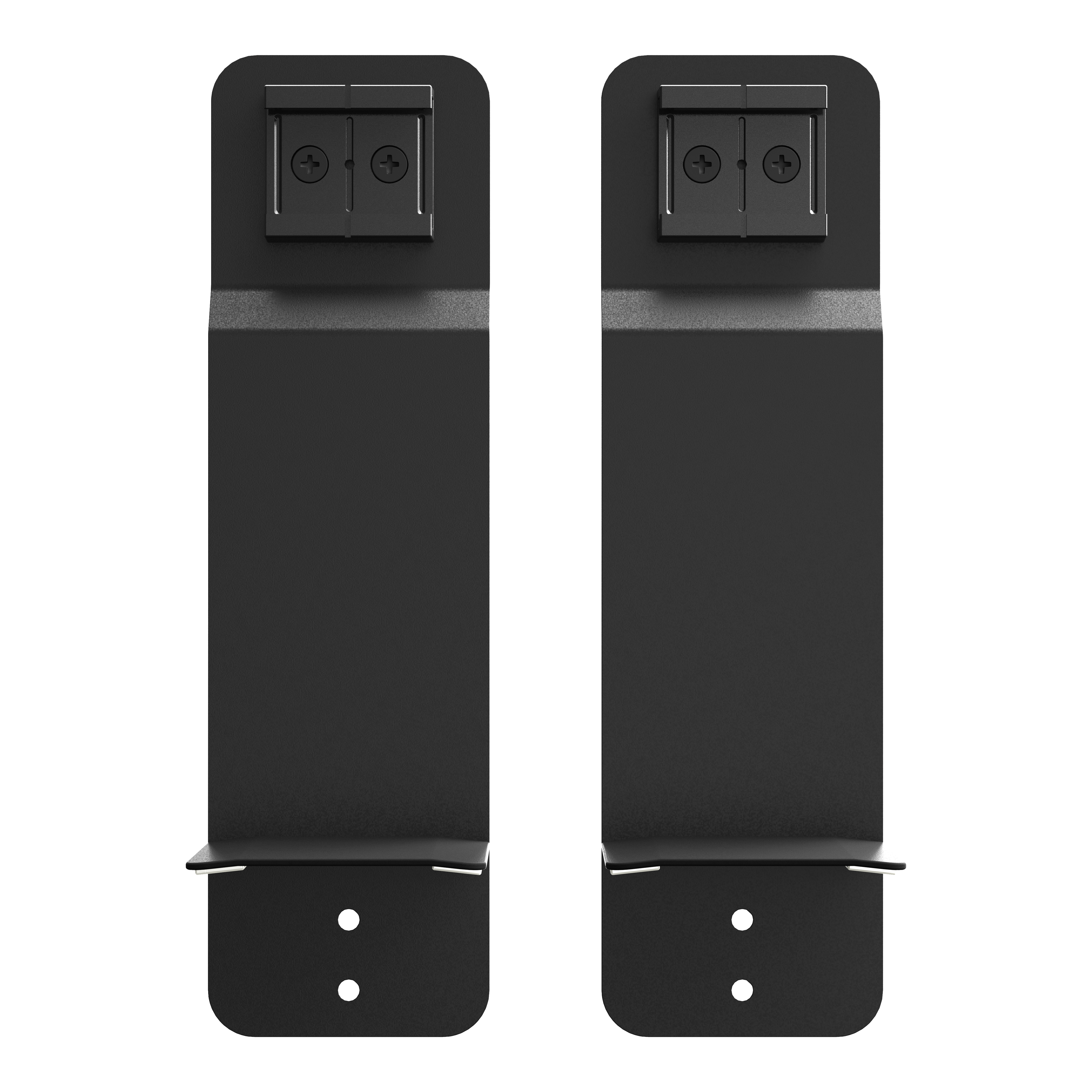 Das Bild zeigt zwei schwarze Halterungen des Produkts "GranDarts GranEye Mag Mount Befestigung". Sie sind rechteckig und haben jeweils zwei kleine Befestigungslöcher unten und einen Befestigungsmechanismus oben.