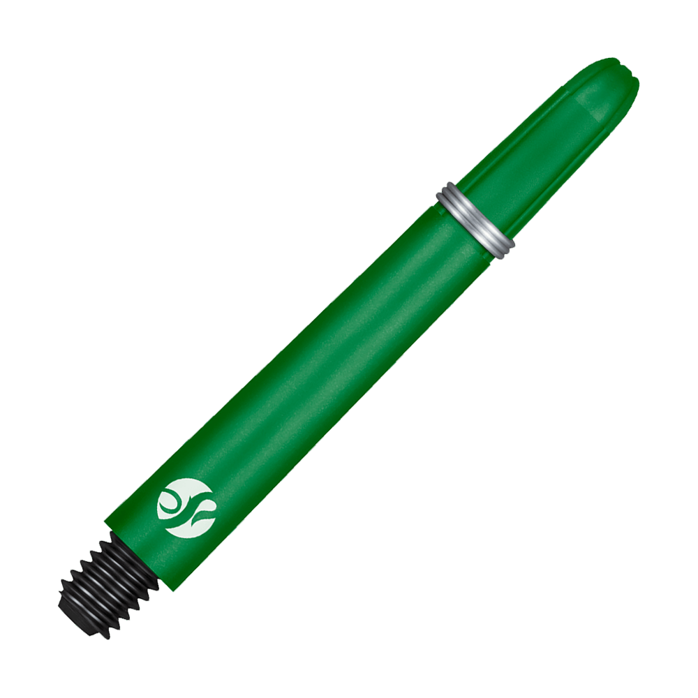 Shot Koi Carbon Shafts - Groen Dies ist ein grüner Dart-Schaft mit einem Metallring und einem schwarzen Gewinde. Er hat ein weißes Logo am unteren Ende.