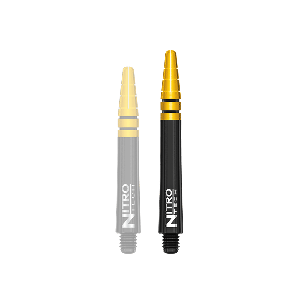 C702_Red_Dragon_Nitrotech_Black_Gold_Shafts_42mm_1 Das Bild zeigt zwei schwarze und goldene Dartschäfte mit der Aufschrift "Nitro Tech". Sie sind gerade nebeneinander angeordnet und heben sich deutlich vom weißen Hintergrund ab.