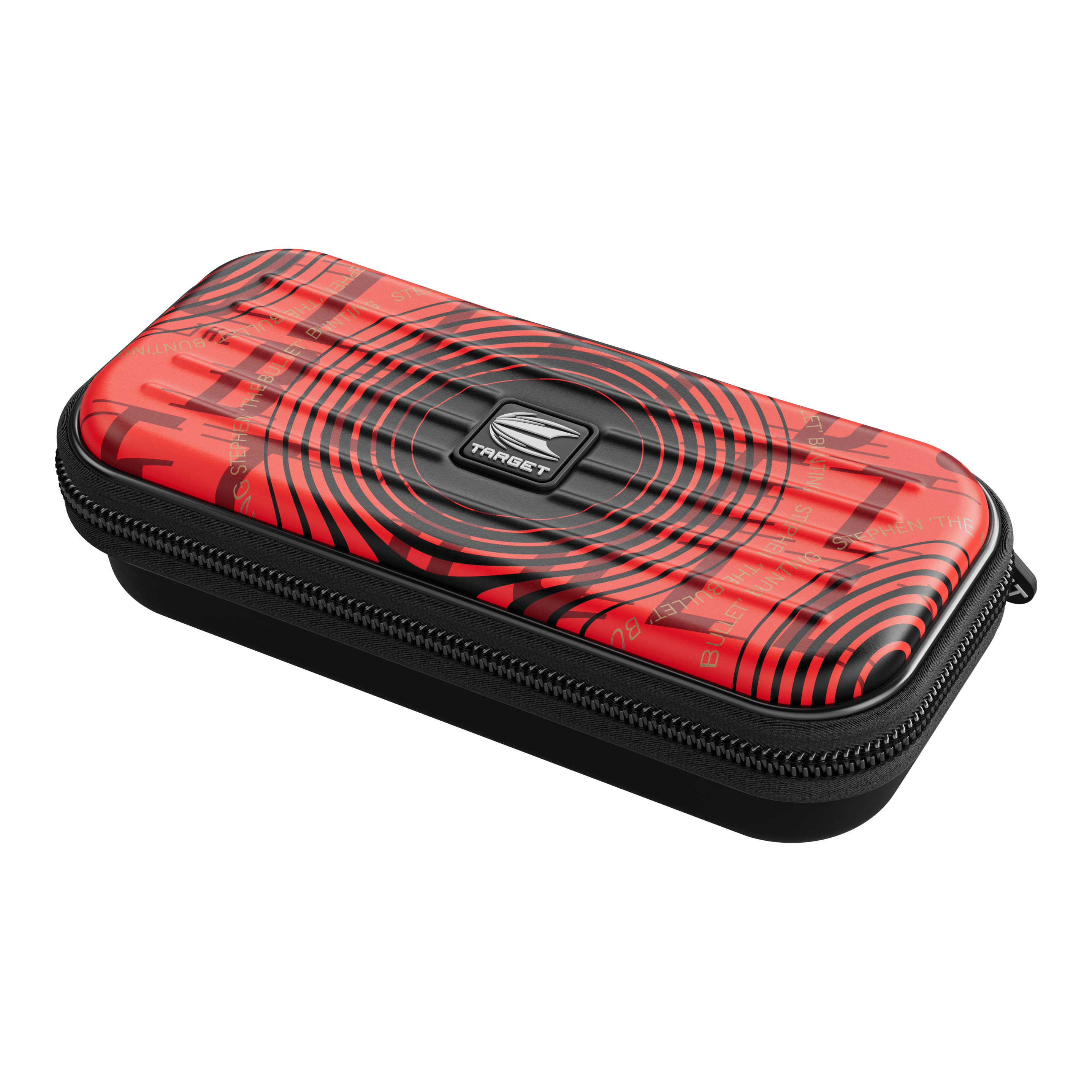 Target Takoma Stephen Bunting dartkoffer Das Bild zeigt das Produkt "Target Takoma Stephen Bunting Dartcase". Das Etui ist rot mit schwarzen Kreisen und hat einen Reißverschluss.