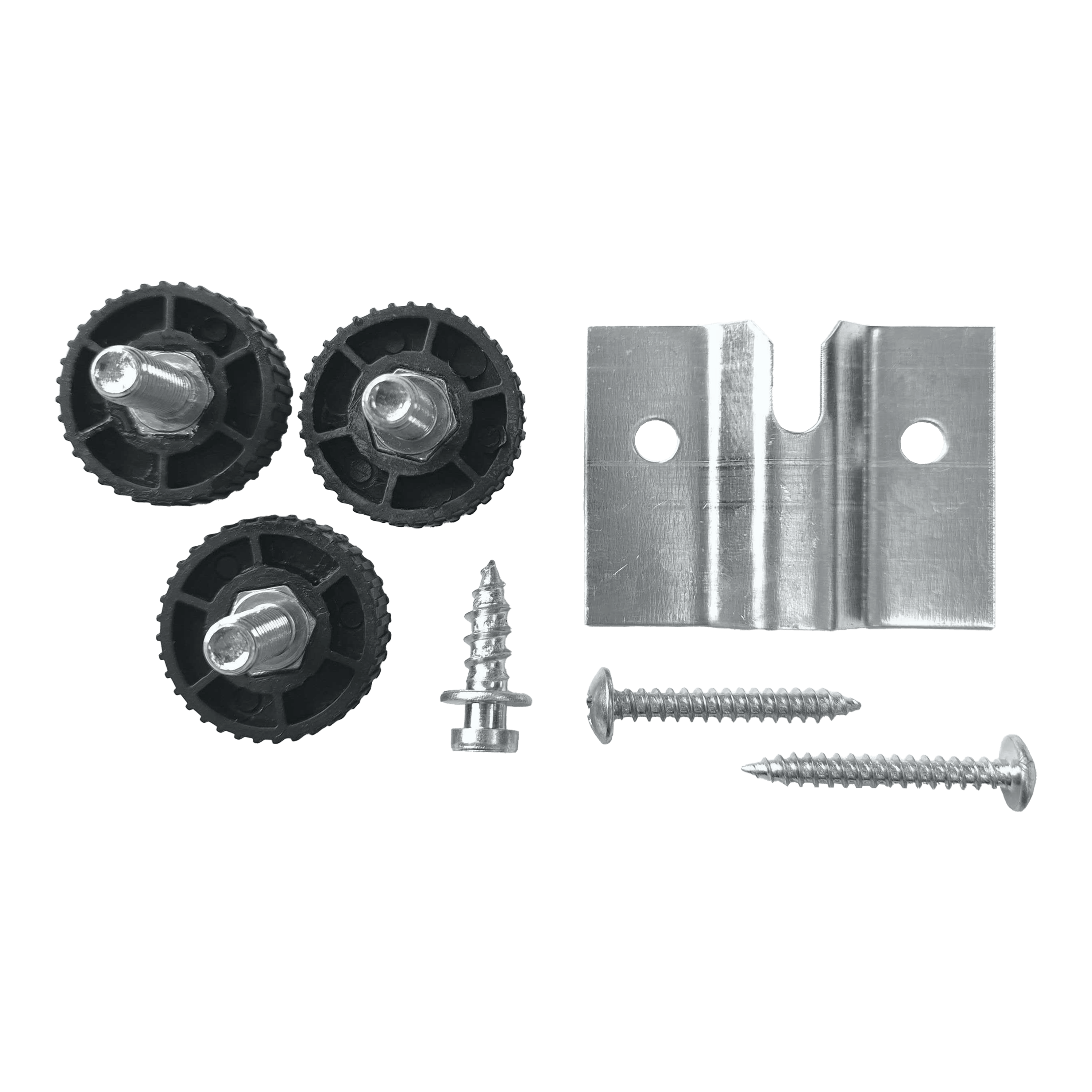 Winmau Rota-Lock Blade 6 wandmontage Das Bild zeigt das Winmau Rota-Lock Blade 6 Wandhalterungs-Set mit drei schwarzen Einstellrädern, einer Metallhalterung und Schrauben. Diese Teile werden verwendet, um ein Dartboard sicher an der Wand zu befestigen.