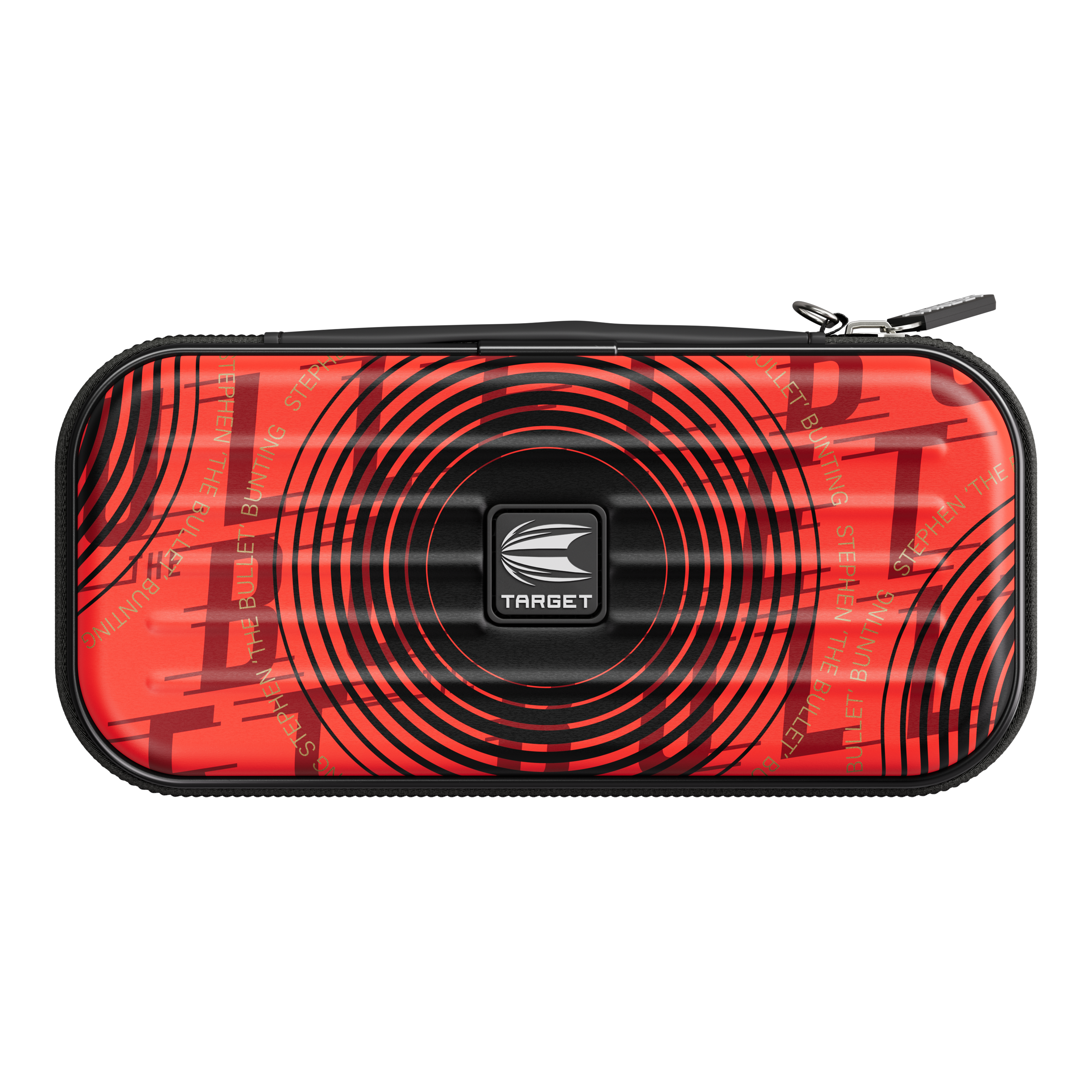 Target Takoma Stephen Bunting dartkoffer Das Bild zeigt das Target Takoma Stephen Bunting Dartcase in einem auffälligen roten Design mit schwarzen Kreisen. In der Mitte befindet sich das Target-Logo und das Etui hat einen Reißverschluss.