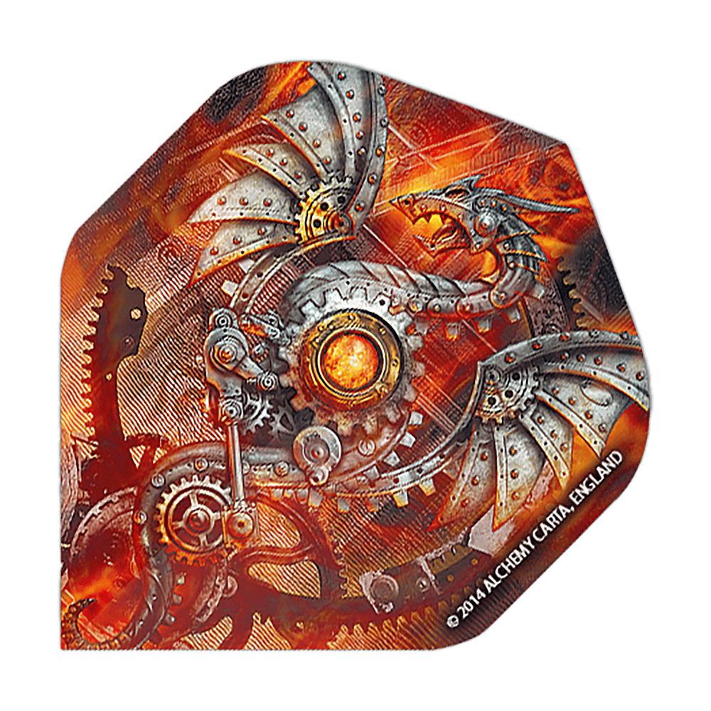 Alchemy Tech Dragon No2 Standaardvluchten Das Bild zeigt ein Dartflight mit einem mechanischen Drachen-Design in Steampunk-Optik. Die Farben sind überwiegend orange und silber, mit vielen Zahnrädern und Metallstrukturen.