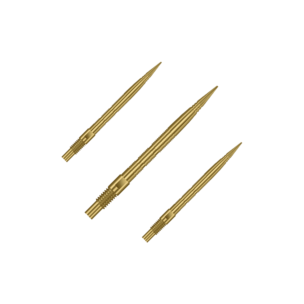 Harrows Quick Point Micro Ridge Dart Tips - Goud Das Bild zeigt mehrere goldene Dartspitzen. Die Spitzen sind wahrscheinlich vom Typ Harrows Quick Point MicroRidge, 26mm lang.