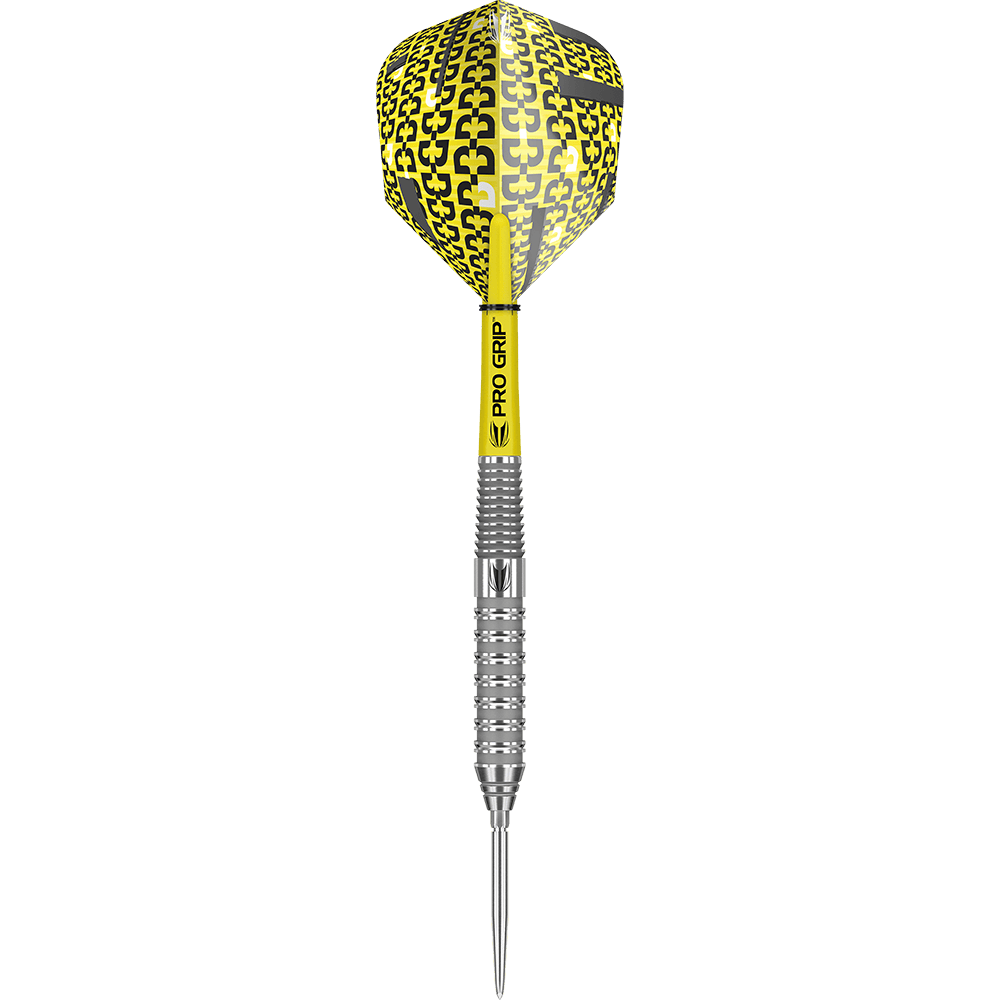 190054_Target_Bolide_02_Swiss_Point_Steeldarts_14GQVsnW3OfCj8 Das Bild zeigt einen Target Bolide 02 Swiss Point Steeldart mit gelbem Flight und silbernem Barrel. Der Schaft trägt die Aufschrift "Pro Grip".