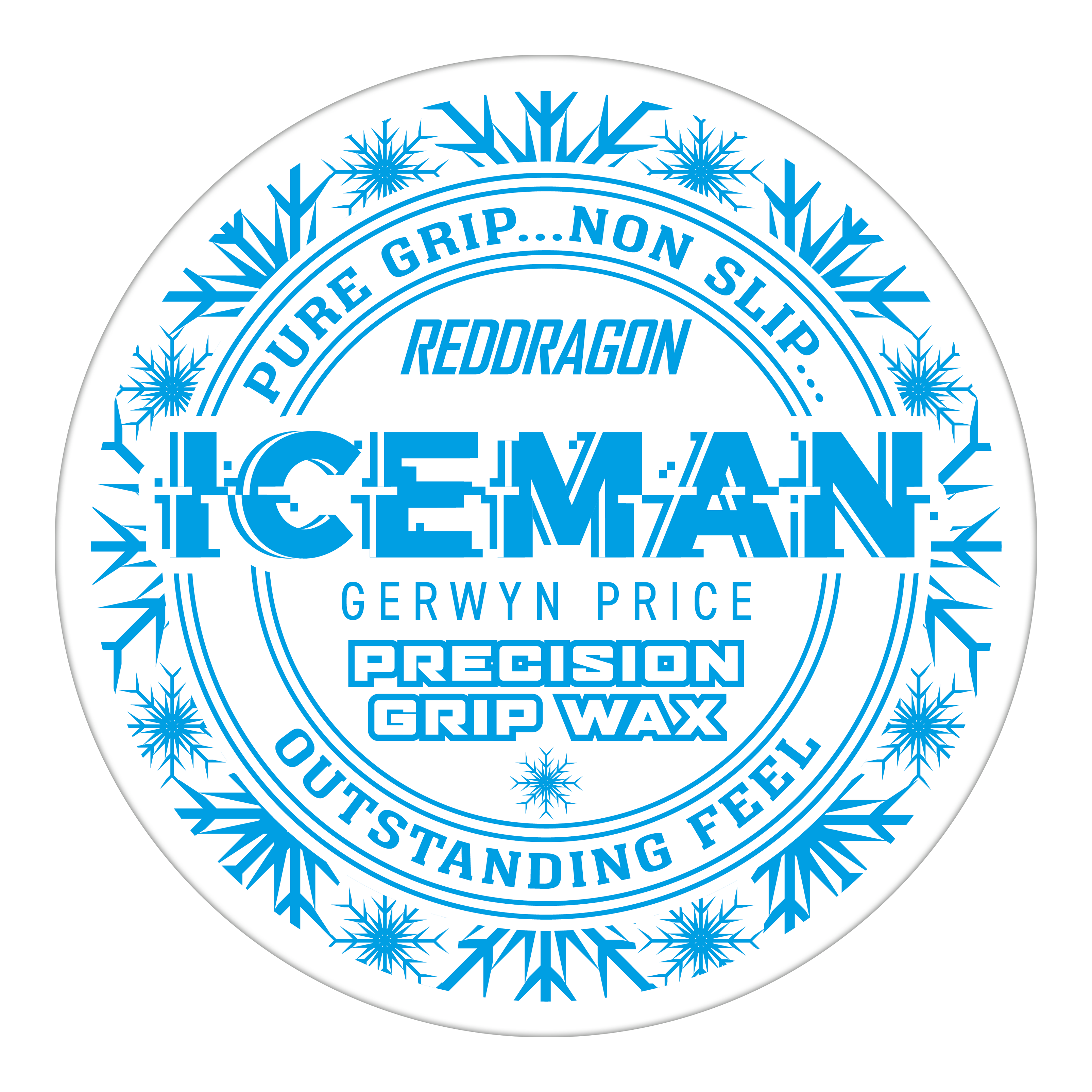 Red Dragon Gerwyn Price Iceman Precision Grip Wax vingerwas Das Bild zeigt eine runde Dose des Produkts "Red Dragon Gerwyn Price Iceman Precision Grip Wax". Auf der Dose steht in blauer Schrift, dass das Wachs für einen reinen und rutschfesten Griff sowie ein herausragendes Gefühl sorgt.