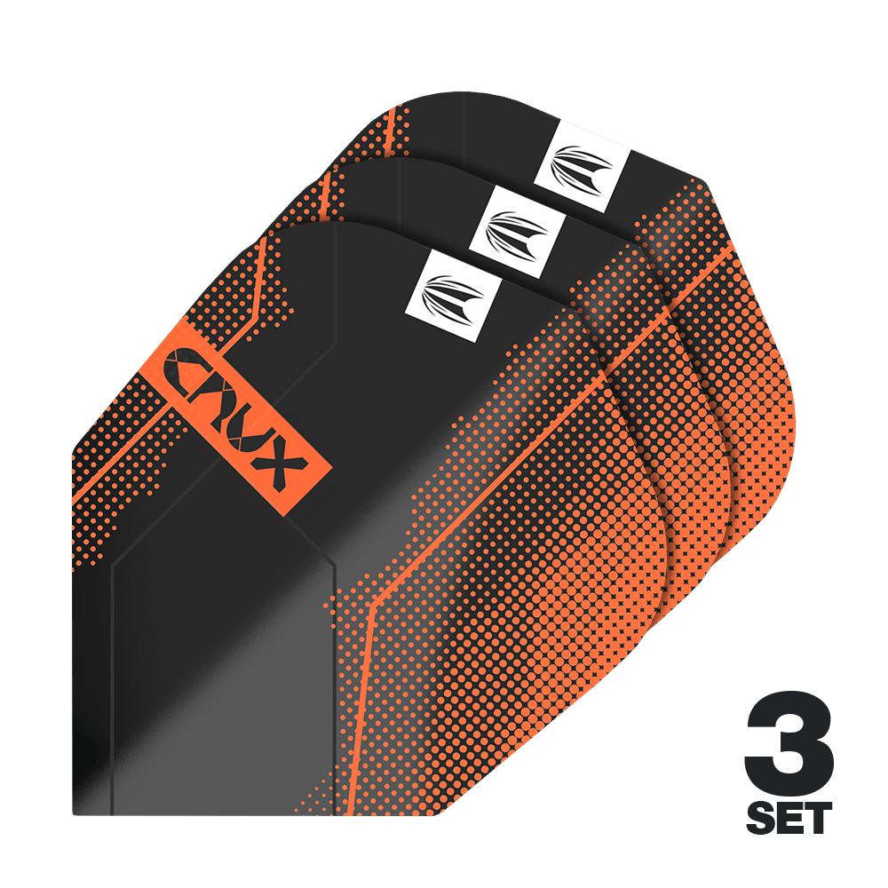 Target Pro Ultra Crux No6 Vluchten - 3 Sets - 3 Sets Das Bild zeigt drei Sätze Target Pro Ultra Crux No6 Flights. Die Flights sind schwarz mit orangefarbenen Akzenten und dem Schriftzug "CRUX".