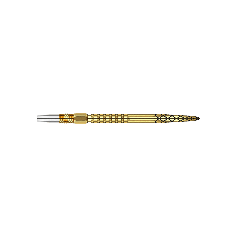 Target Swiss DS Surge Point Dartpunten - Goud Das Bild zeigt eine goldfarbene Dartspitze mit einem feinen Rautenmuster. Der hintere Teil der Spitze ist silberfarben und geriffelt.