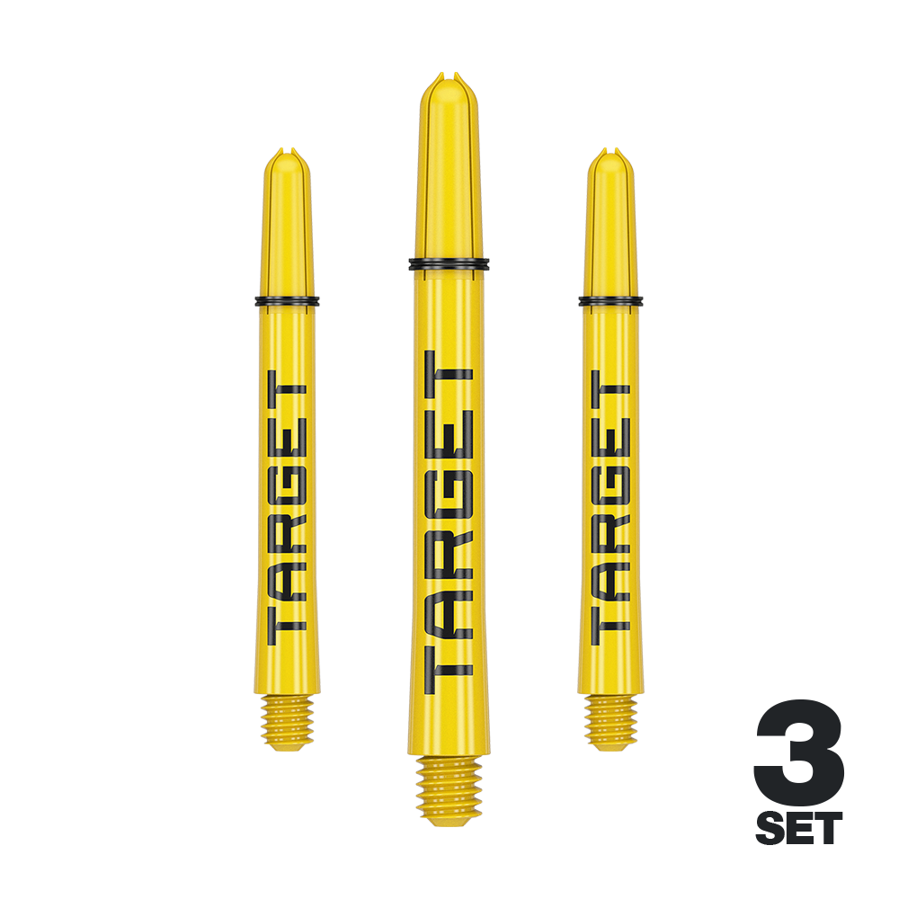 Target Pro Grip TAG Shafts - 3 sets - Geel Auf dem Bild sind drei gelbe Dartschäfte der Marke Target zu sehen. Unten rechts steht "3 Set", was auf ein Set aus drei Teilen hinweist.