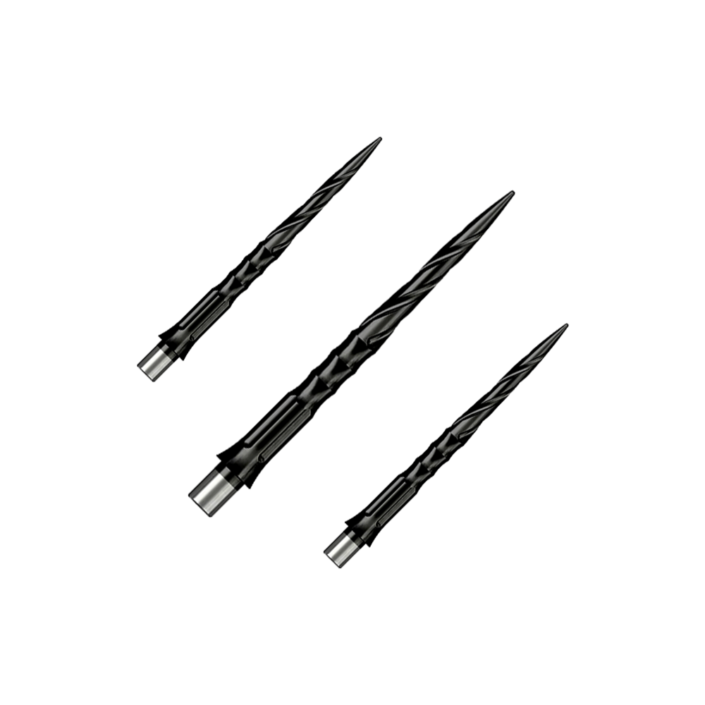 Caliburn System stalen dartpunten - Spiro - Geen lip - Zwart Zu sehen ist ein Set von Caliburn Evo System Steeldartspitzen Spiro NoLip Black, 28 mm. Die Spitzen eignen sich für professionelle Steeldartspiele.