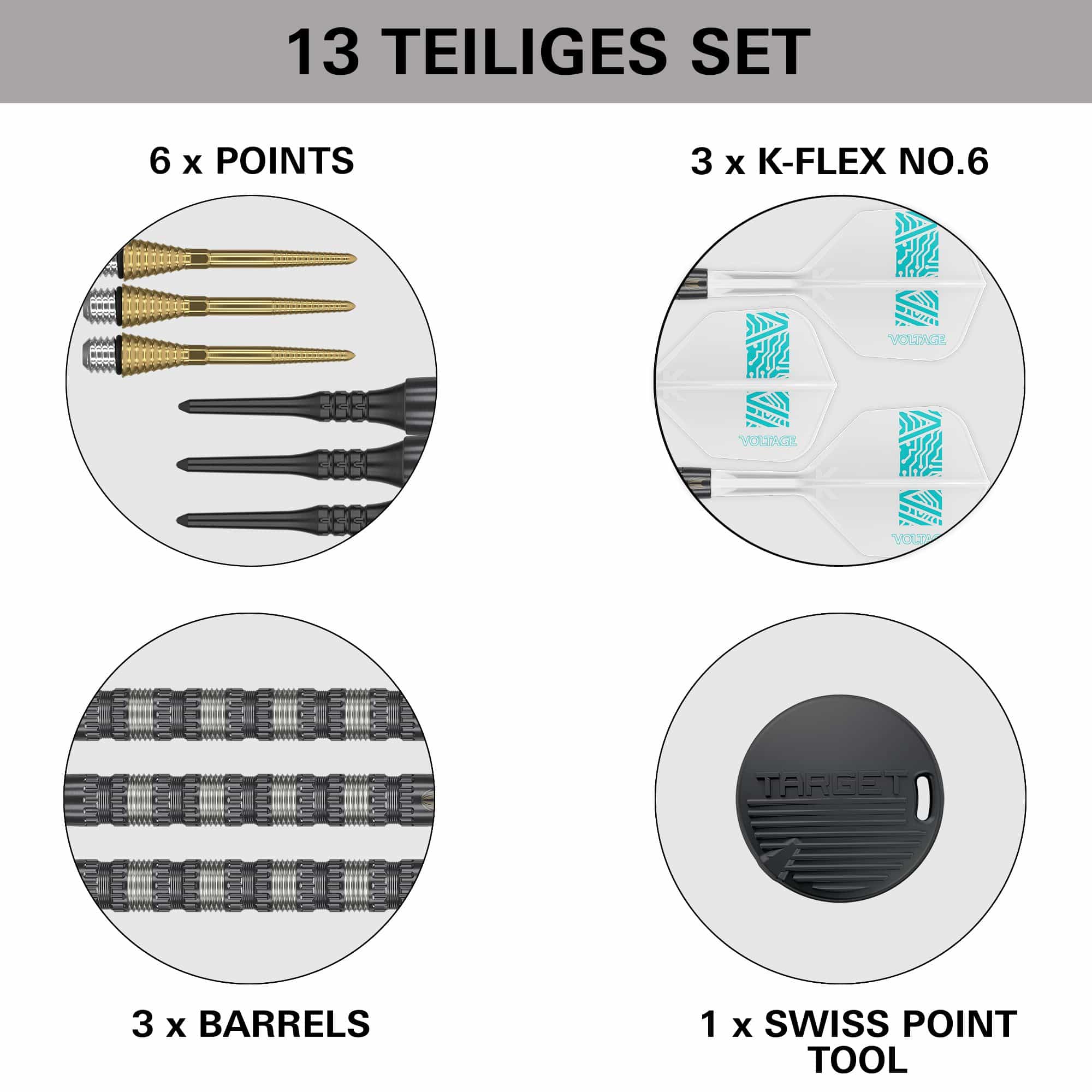 Target Rob Cross 95K Swiss Point Zachte Darts - 18g Dieses Bild zeigt den Lieferumfang des "Target Rob Cross 95K Swiss Point Softdarts - 18g" Sets. Enthalten sind 6 Spitzen, 3 Flights, 3 Barrels und 1 Swiss Point Tool.