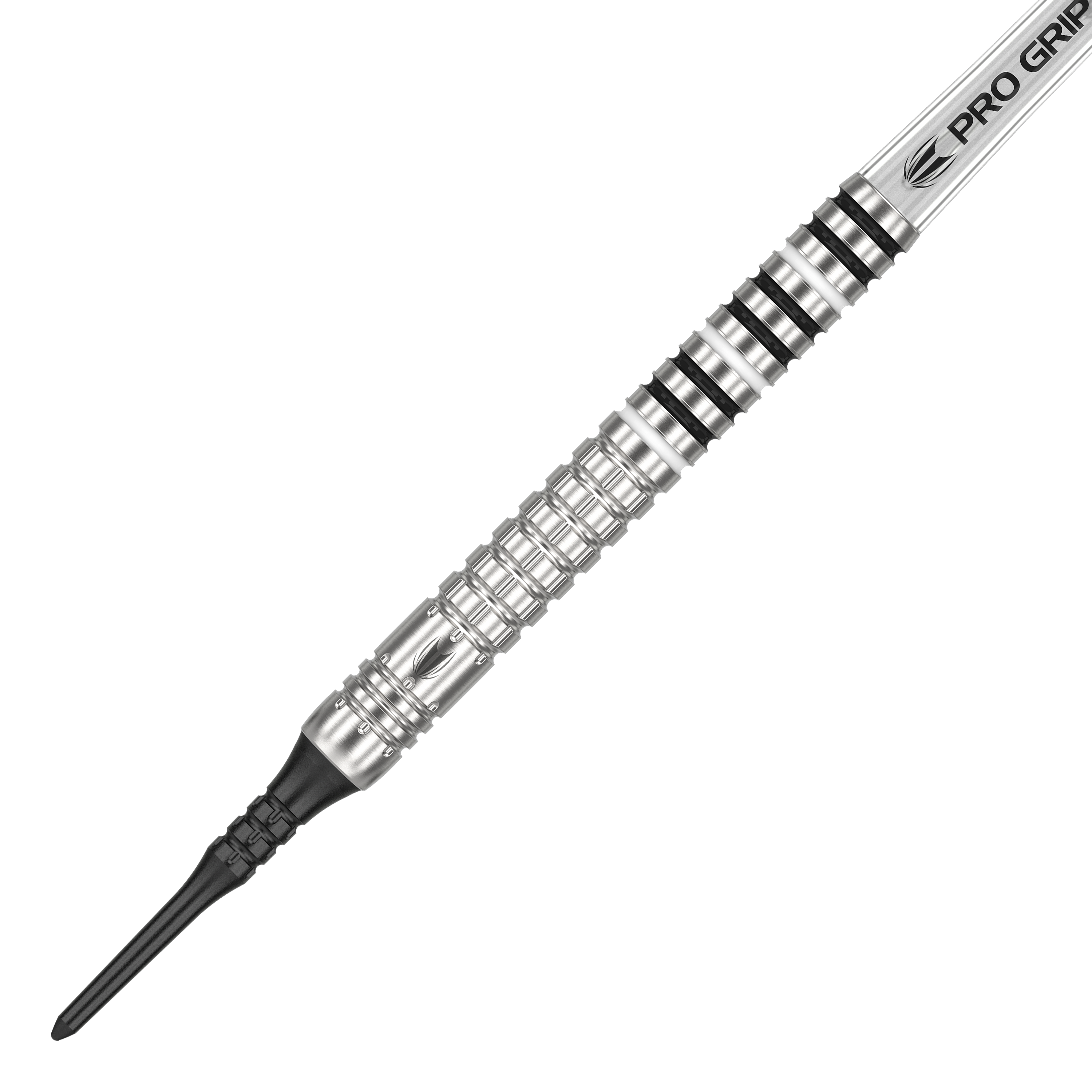 Target Chris Dobey GEN1 Softdarts - 19g Das Bild zeigt einen silbernen Softdartpfeil mit schwarzen Ringen und der Aufschrift "PRO GRIP". Es handelt sich um das Modell "Target Chris Dobey GEN1 Softdarts - 19g".