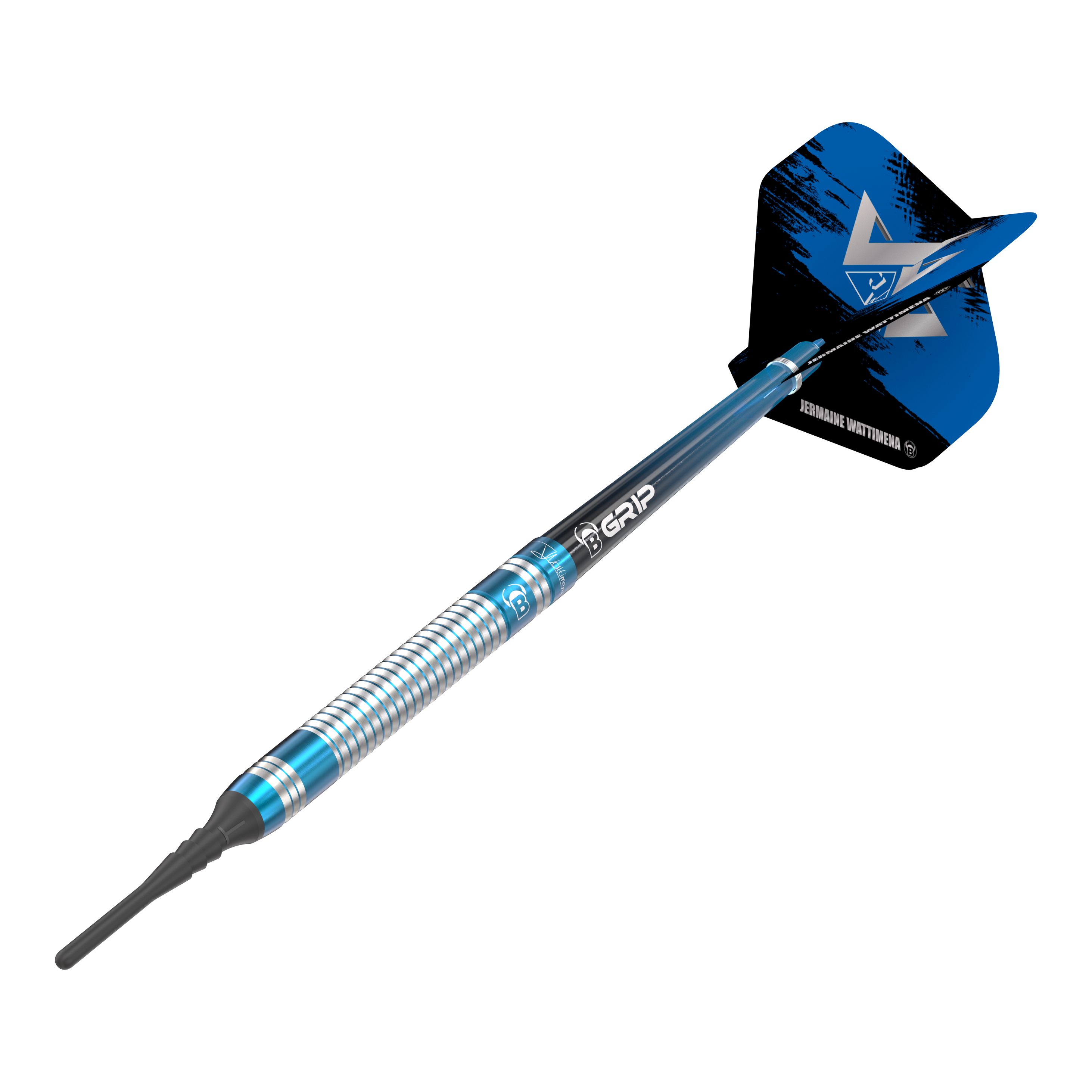 Bulls Jermaine Wattimena Generatie 3 Zachte Darts - 20g Das Bild zeigt einen Bulls Jermaine Wattimena Generation 3 Softdart mit einem Gewicht von 20g. Der Dart hat ein silbernes und blaues Design mit schwarzem Flight.