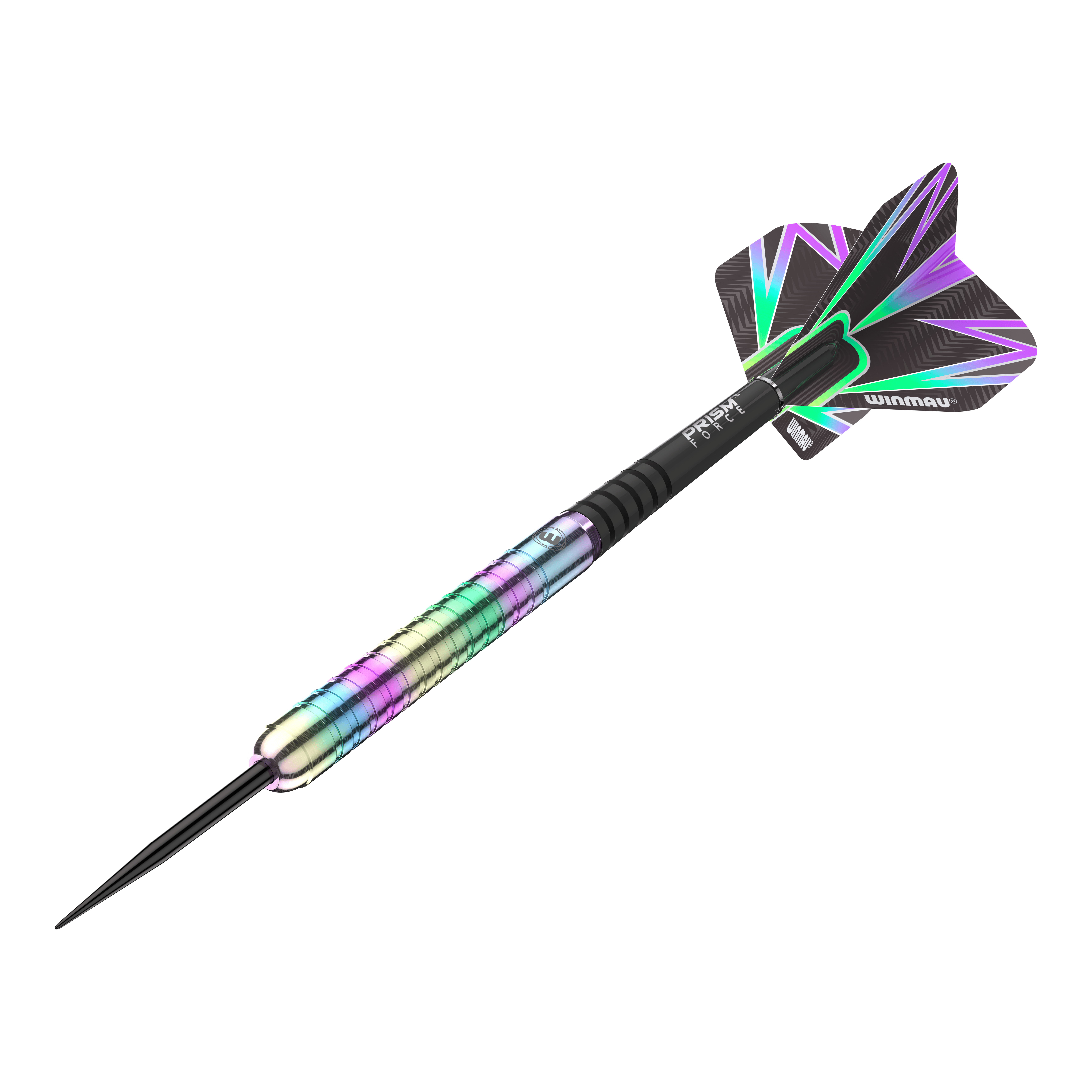 Winmau Foxfire Urban steel darts Das Bild zeigt einen Winmau Foxfire Urban Steeldart mit einem bunten, metallischen Schaft. Die Flights sind schwarz mit auffälligen, farbigen Mustern.