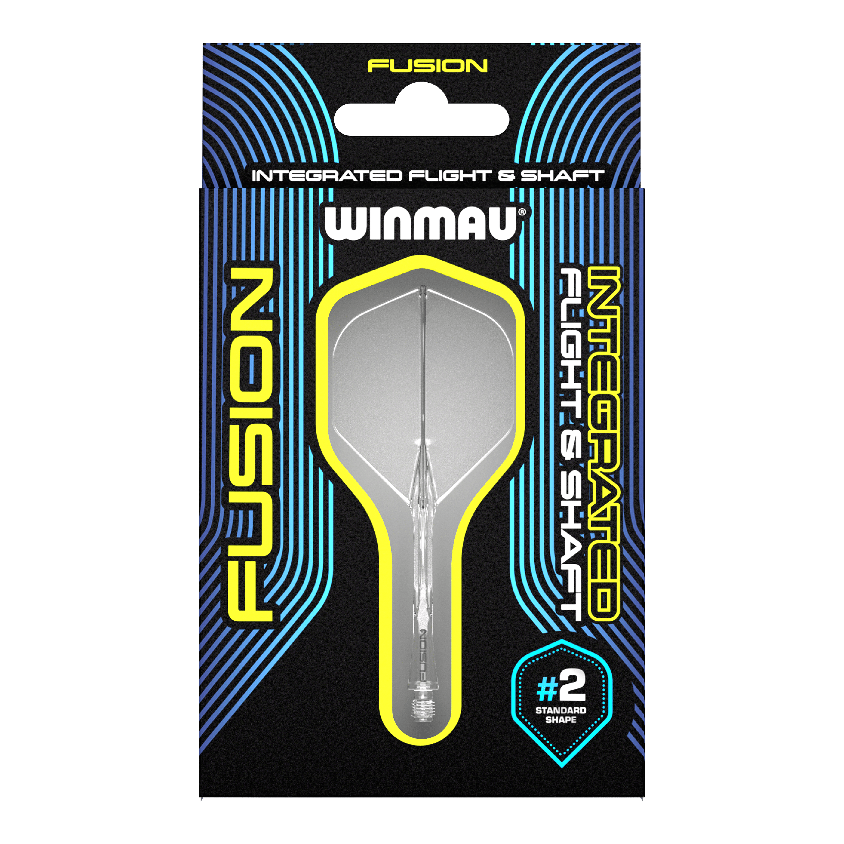 Winmau Fusion Flight Shaft System Standaard Helder Auf dem Bild ist ein Winmau Fusion Flight & Shaft System in einer Verpackung zu sehen. Das Produkt ist durchsichtig und hat die Standardform #2.