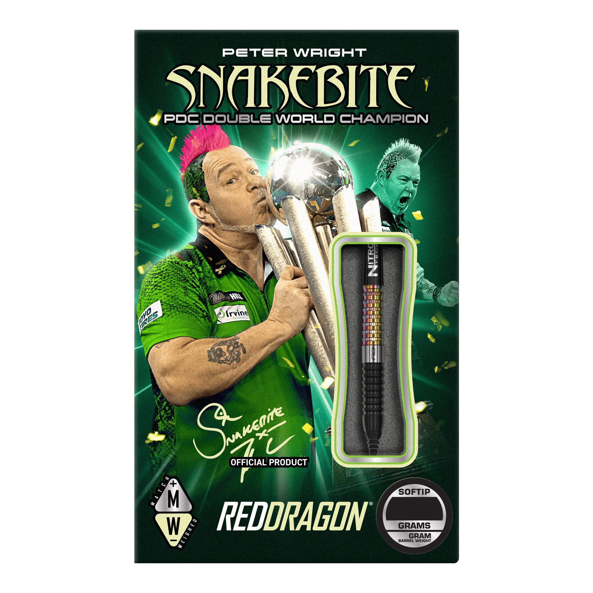 Red Dragon Peter Wright Corra Softdarts - 18g Auf der Verpackung ist der Dartspieler Peter Wright mit einer Trophäe abgebildet. Das Produkt sind die "Red Dragon Peter Wright Corra Softdarts - 18g" mit Softspitze.