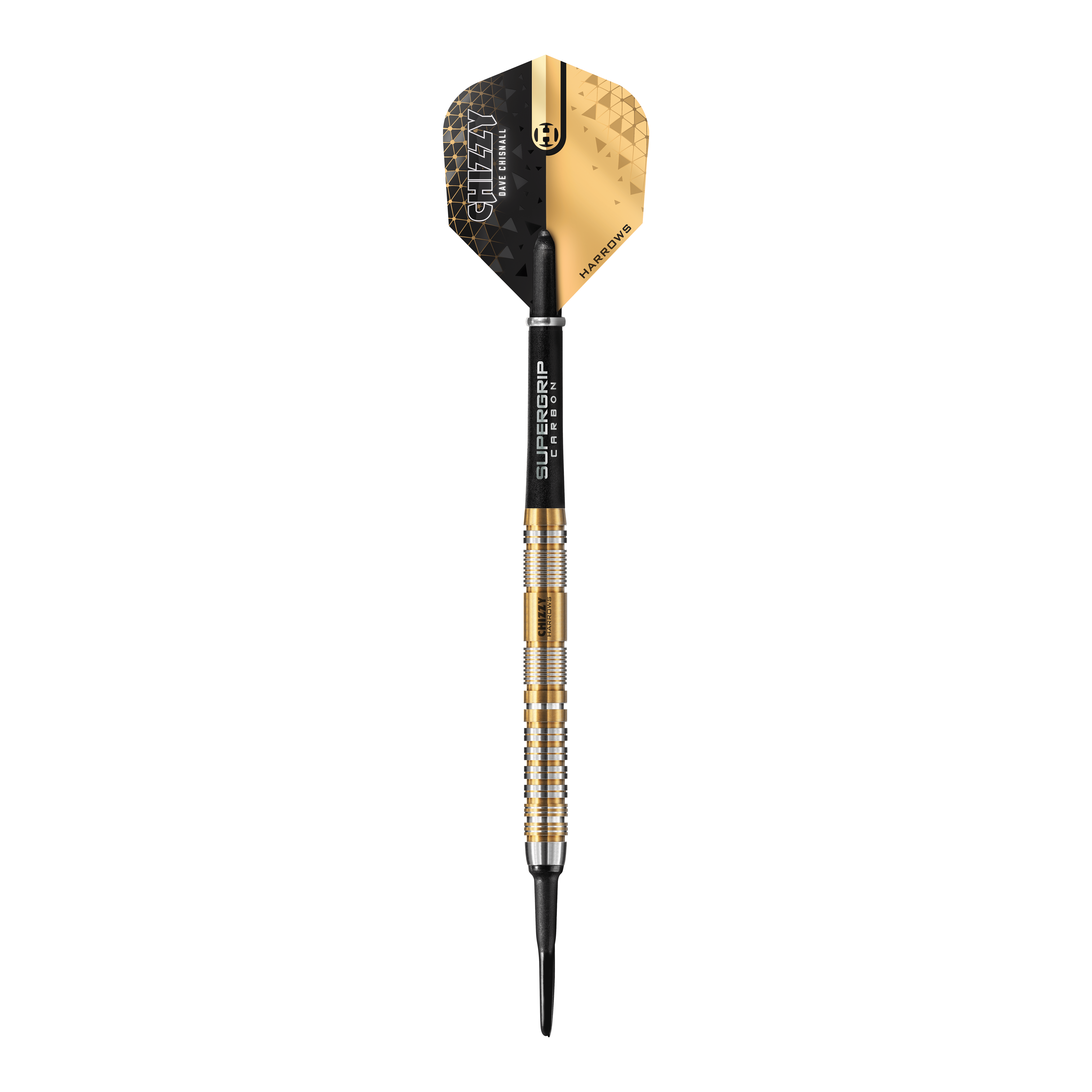 Harrow's Dave Chisnall Chizzy Series 2 zachte darts Das Bild zeigt einen Harrows Dave Chisnall Chizzy Series 2 Softdart. Der Dart hat ein modernes schwarzes und goldenes Design mit silbernen und goldenen Ringen am Barrel.