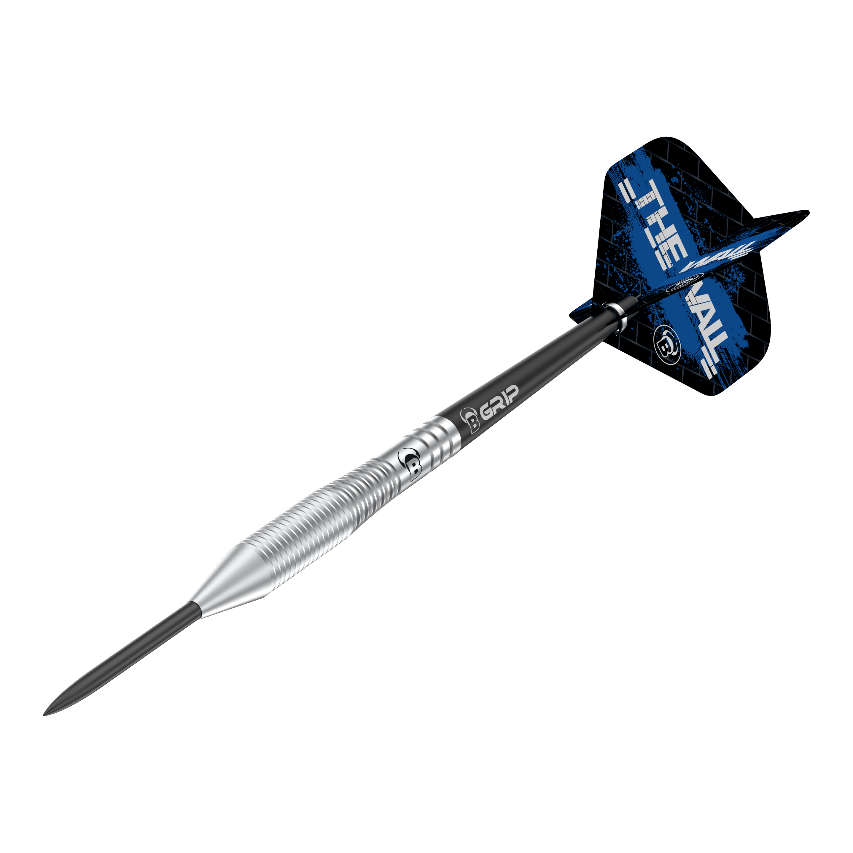 Bulls Martin Schindler TW80 stalen darts Das Bild zeigt einen Steeldart namens "Bulls Martin Schindler TW80". Der Dart hat einen silbernen, geriffelten Schaft und blaue Flights mit der Aufschrift "THE WALL".