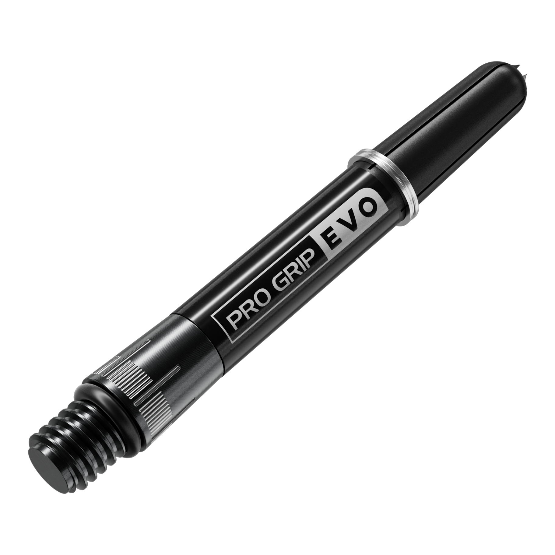 Das Bild zeigt einen schwarzen Dart-Schaft mit der Aufschrift "PRO GRIP EVO". Der Schaft hat metallische Akzente und ein Schraubgewinde am Ende.