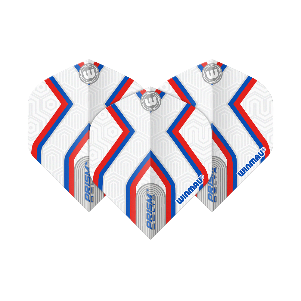 Winmau Prism Delta Epix No2 Standaard Vluchten Das Bild zeigt drei Dartflights des Produkts "Winmau Prism Delta Epix No2 Standard Flights". Die Flights sind weiß mit roten und blauen Streifen sowie geometrischem Muster gestaltet.