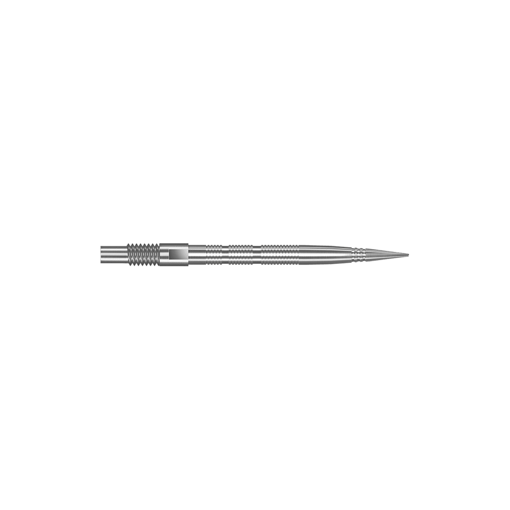 Harrows Quick Point Micro Ridge Dart Tips - Zilver Das Bild zeigt Dartspitzen mit MicroRidge Struktur in Silber mit einer Länge von 26 mm. Die Dartspitzen sind nebeneinander angeordnet.
